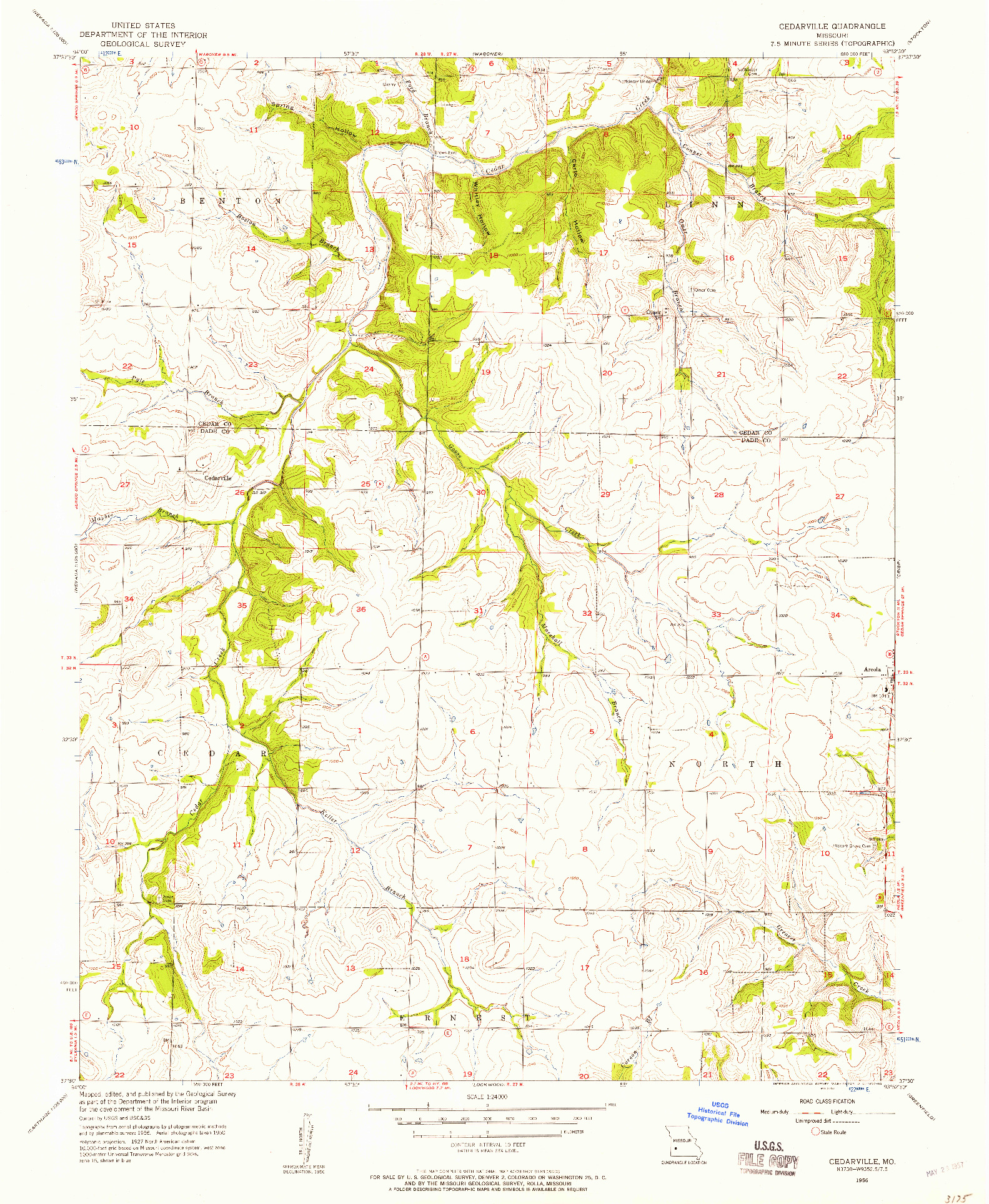 USGS 1:24000-SCALE QUADRANGLE FOR CEDARVILLE, MO 1956