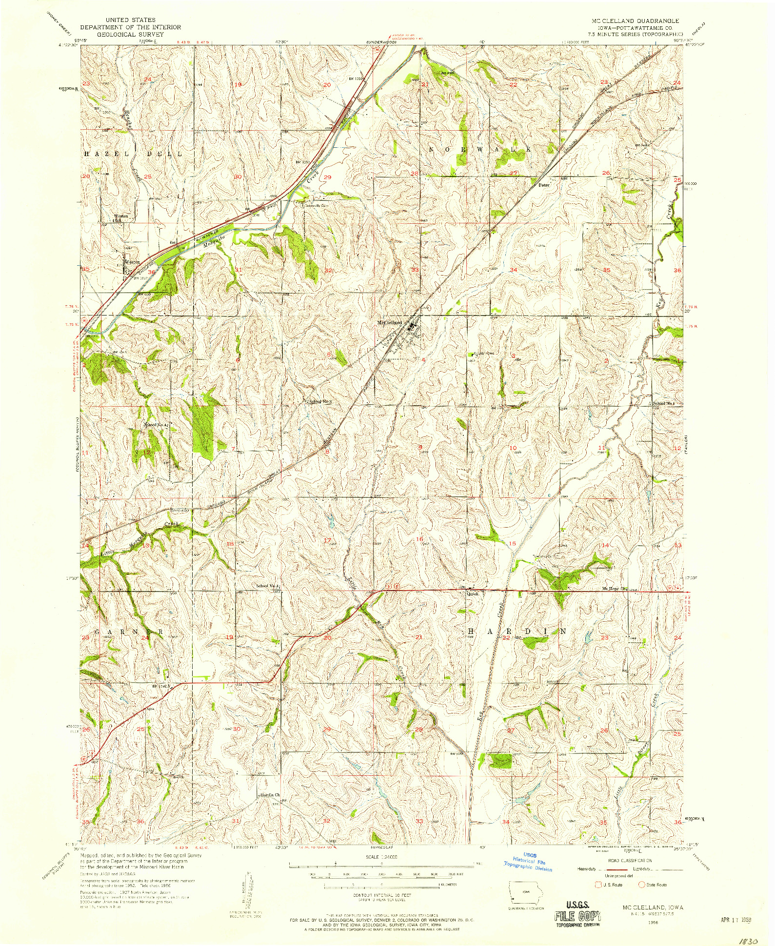 USGS 1:24000-SCALE QUADRANGLE FOR MC CLELLAND, IA 1956