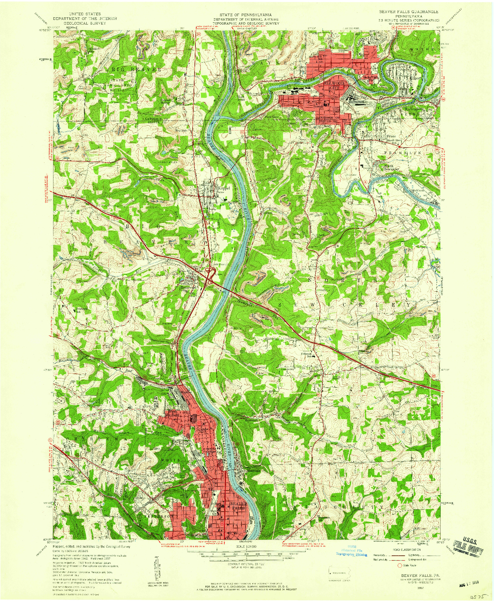 USGS 1:24000-SCALE QUADRANGLE FOR BEAVER FALLS, PA 1957