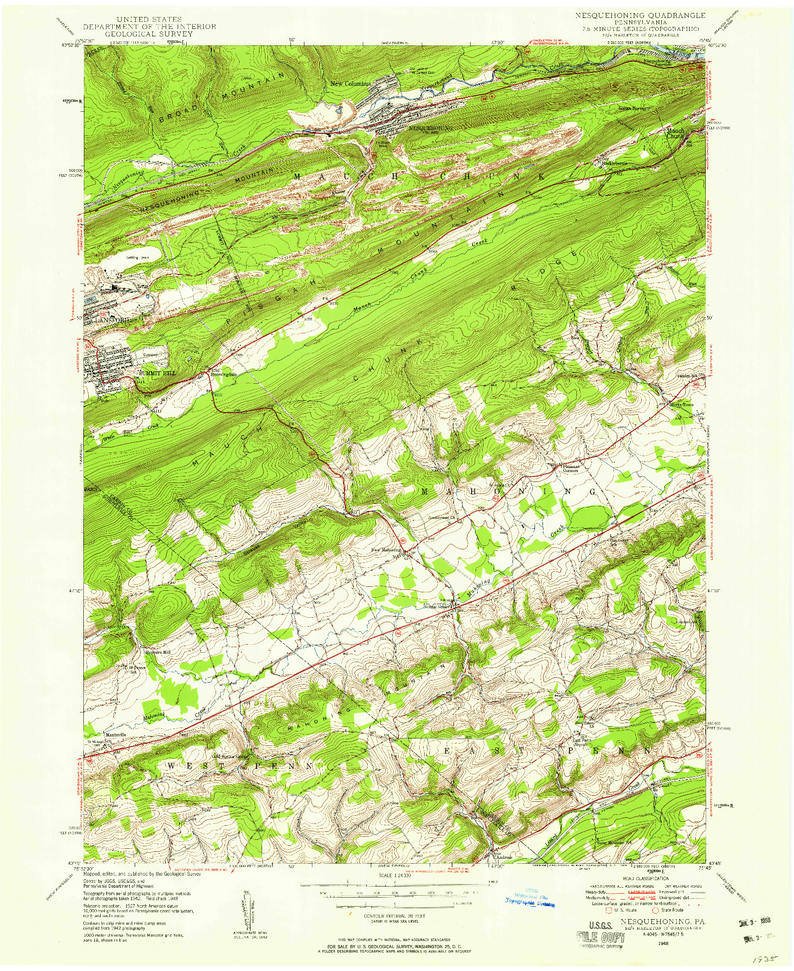 USGS 1:24000-SCALE QUADRANGLE FOR NESQUEHONING, PA 1948