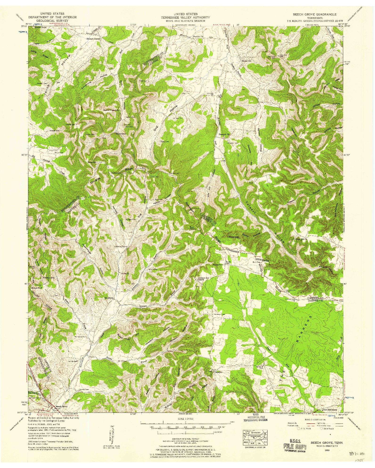 USGS 1:24000-SCALE QUADRANGLE FOR BEECH GROVE, TN 1953