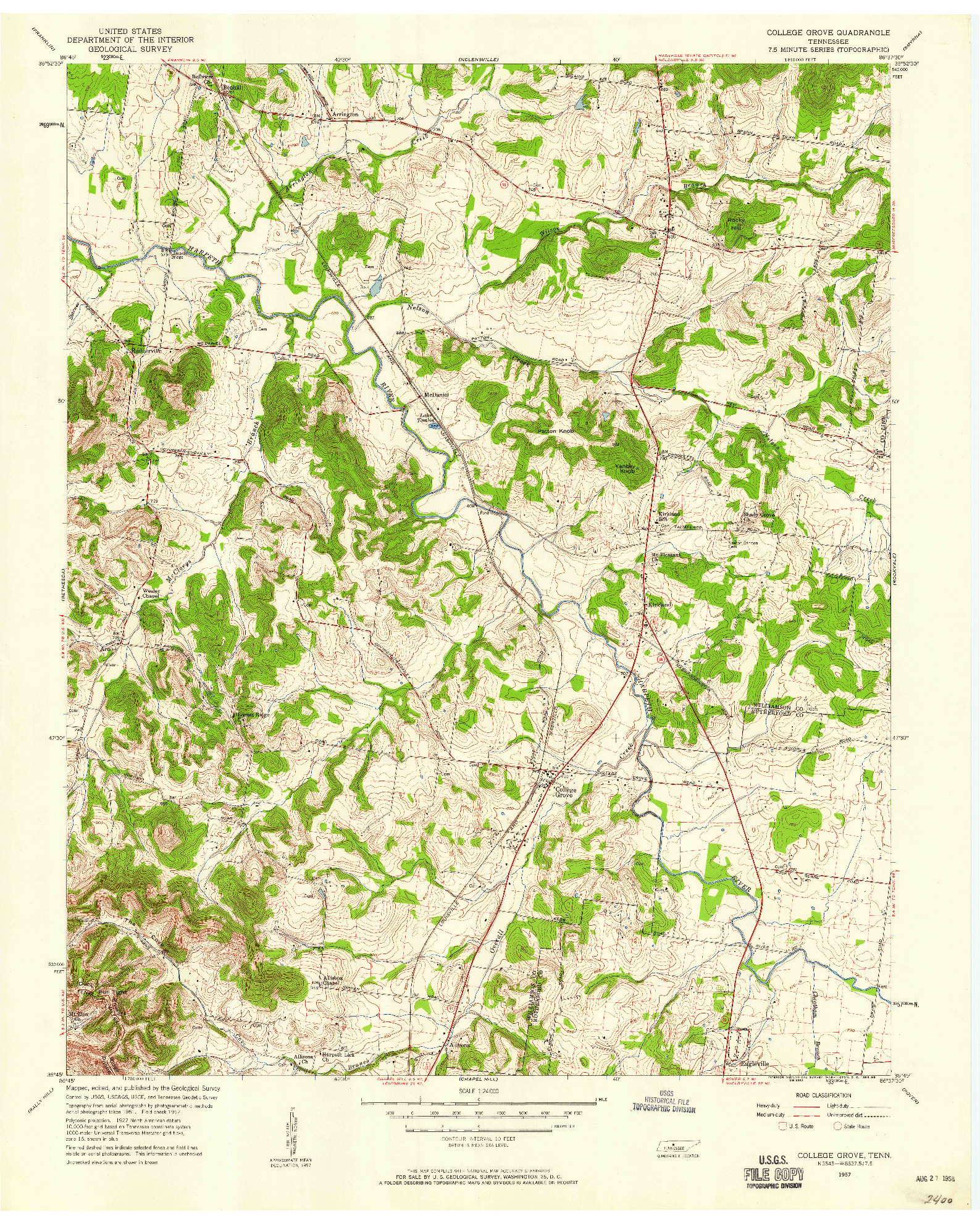 USGS 1:24000-SCALE QUADRANGLE FOR COLLEGE GROVE, TN 1957