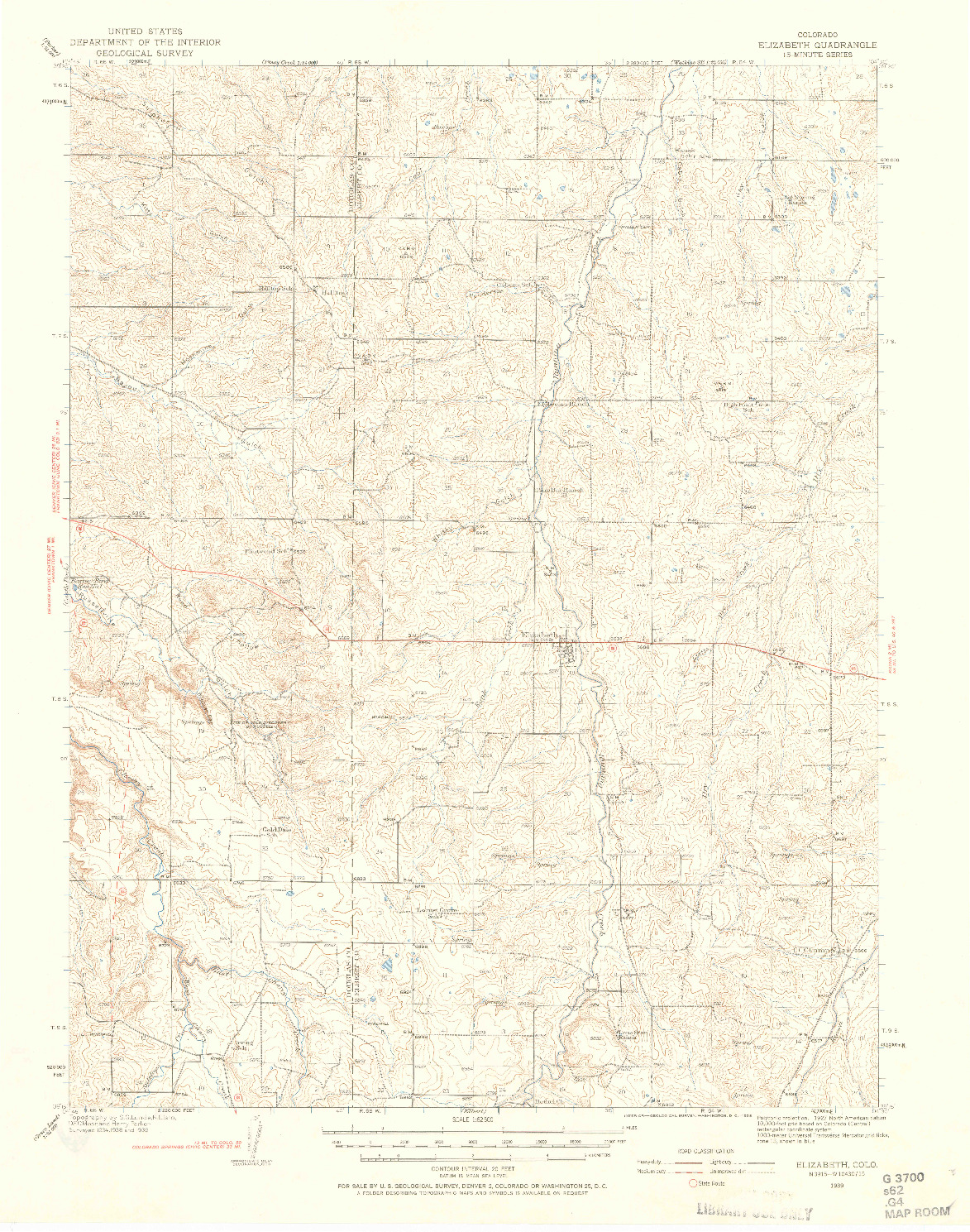 USGS 1:62500-SCALE QUADRANGLE FOR ELIZABETH, CO 1939