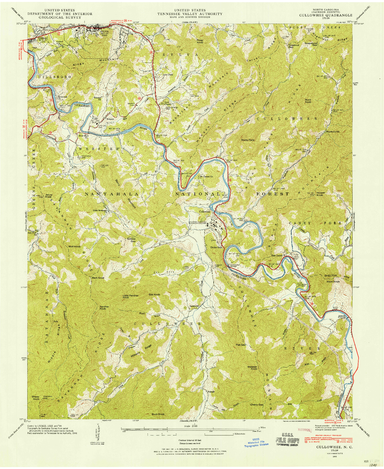 USGS 1:24000-SCALE QUADRANGLE FOR CULLOWHEE, NC 1946