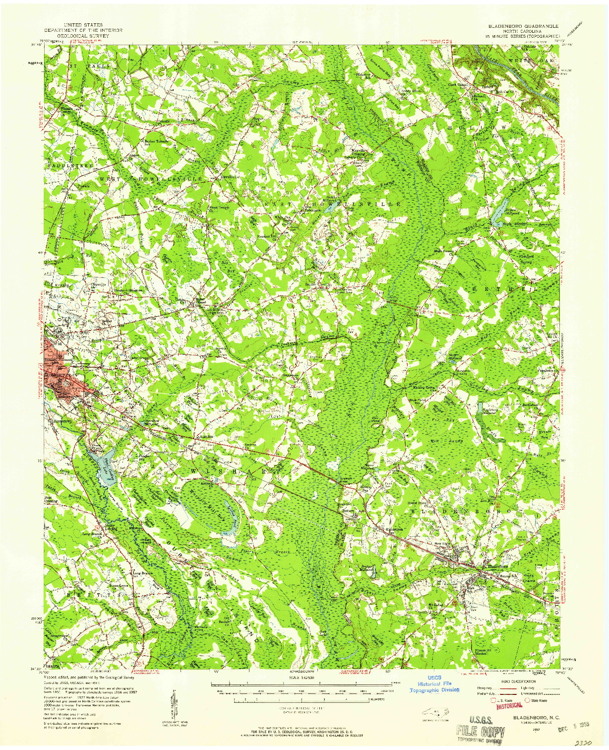 USGS 1:62500-SCALE QUADRANGLE FOR BLADENBORO, NC 1957