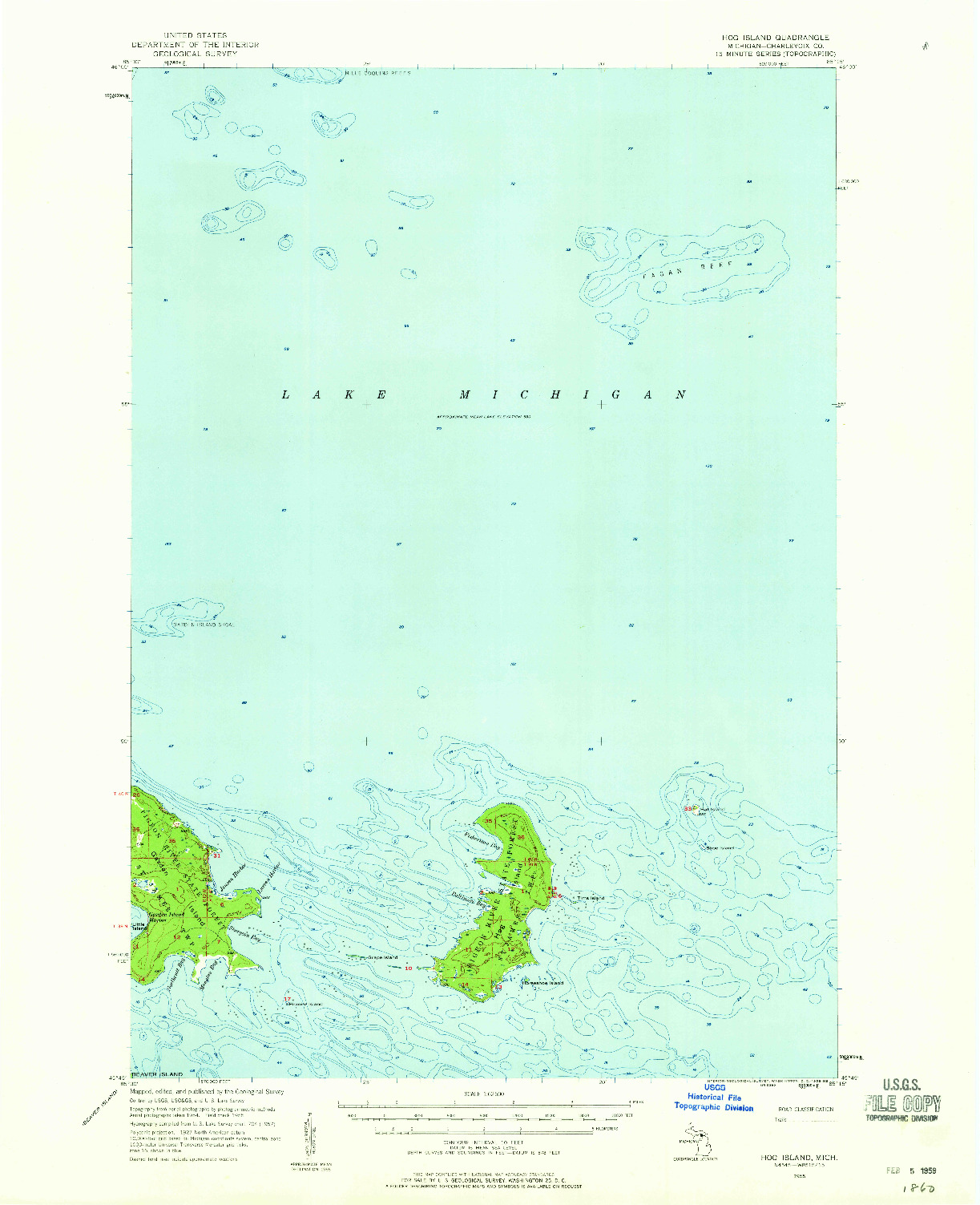 USGS 1:62500-SCALE QUADRANGLE FOR HOG ISLAND, MI 1955
