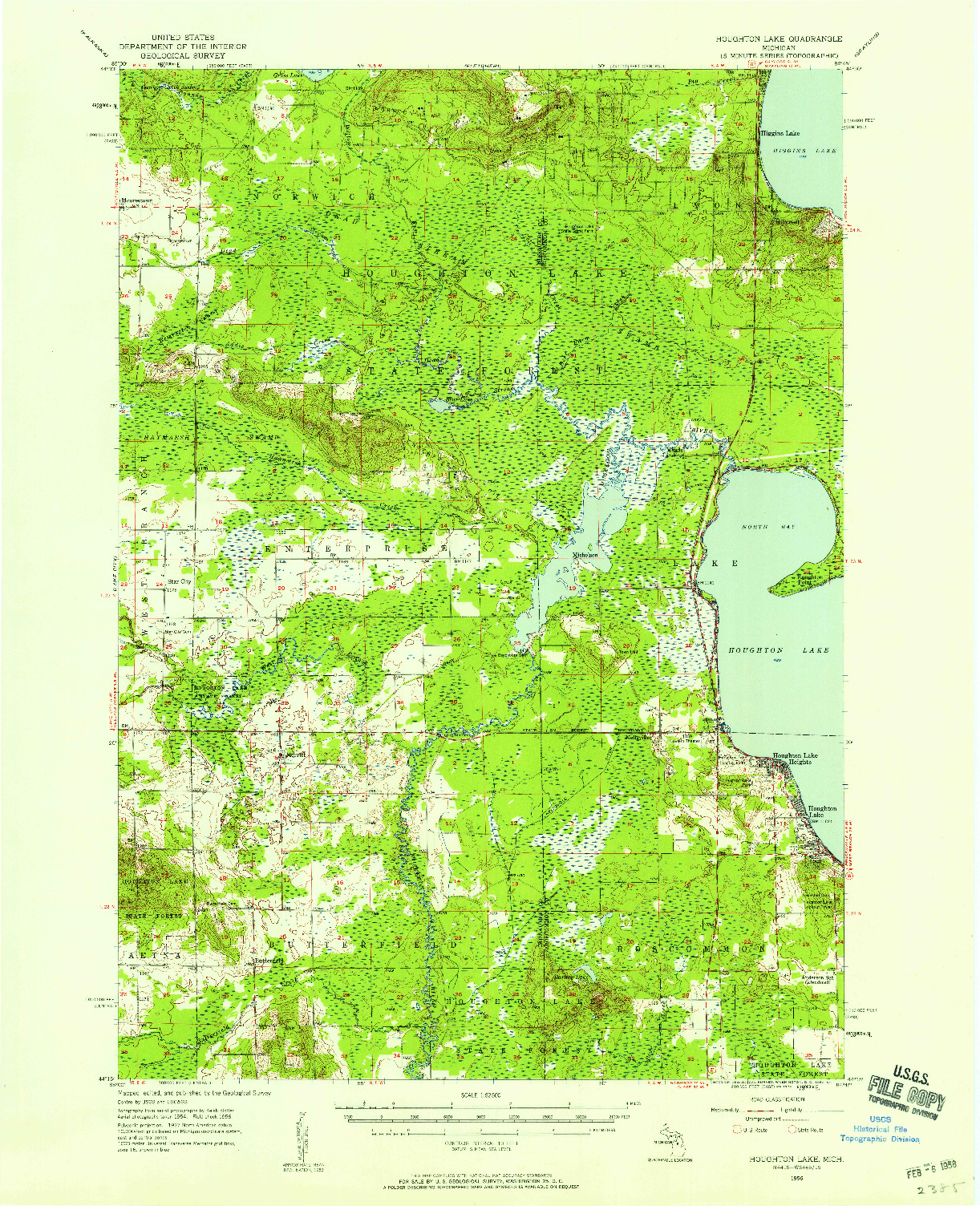 USGS 1:62500-SCALE QUADRANGLE FOR HOUGHTON LAKE, MI 1956