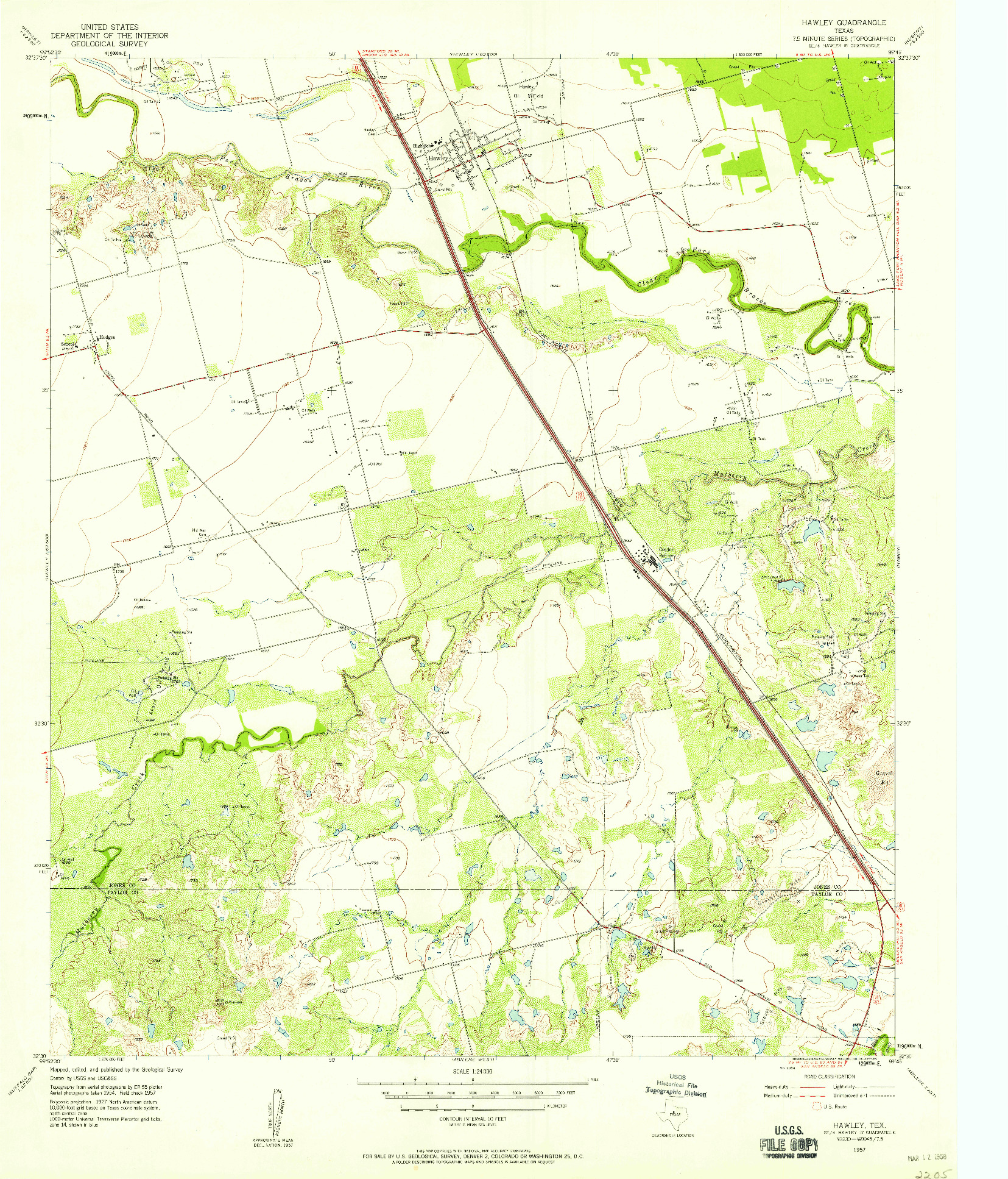 USGS 1:24000-SCALE QUADRANGLE FOR HAWLEY, TX 1957