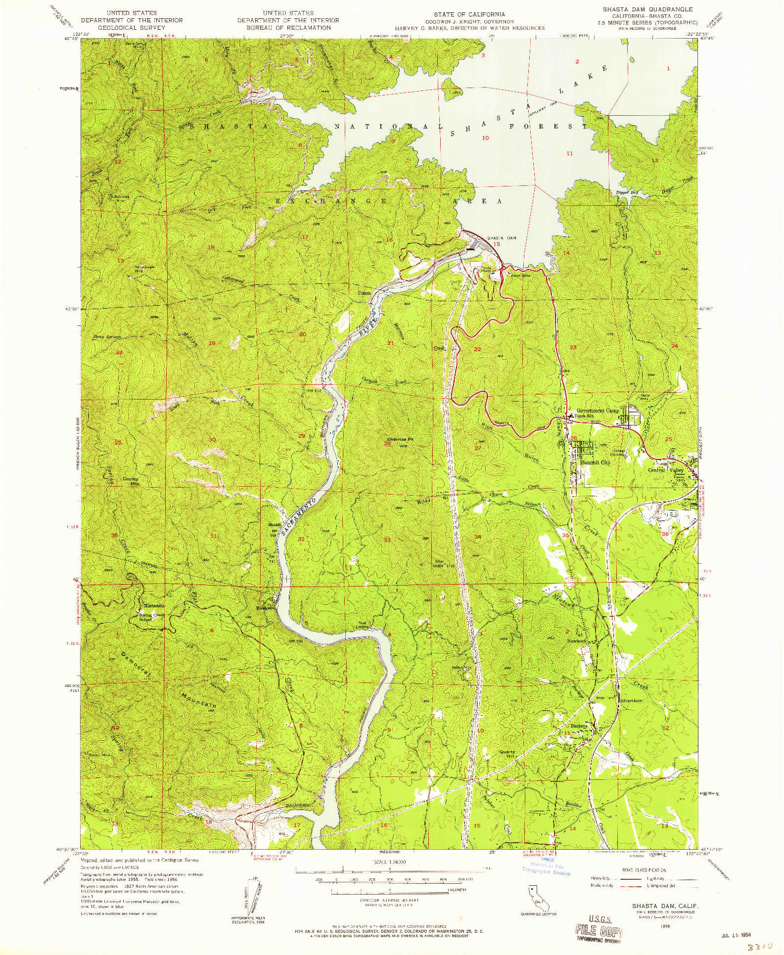 USGS 1:24000-SCALE QUADRANGLE FOR SHASTA DAM, CA 1956