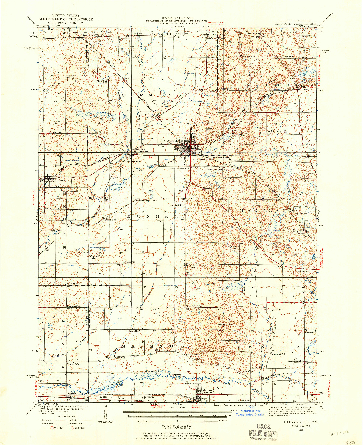 USGS 1:62500-SCALE QUADRANGLE FOR HARVARD, IL 1932