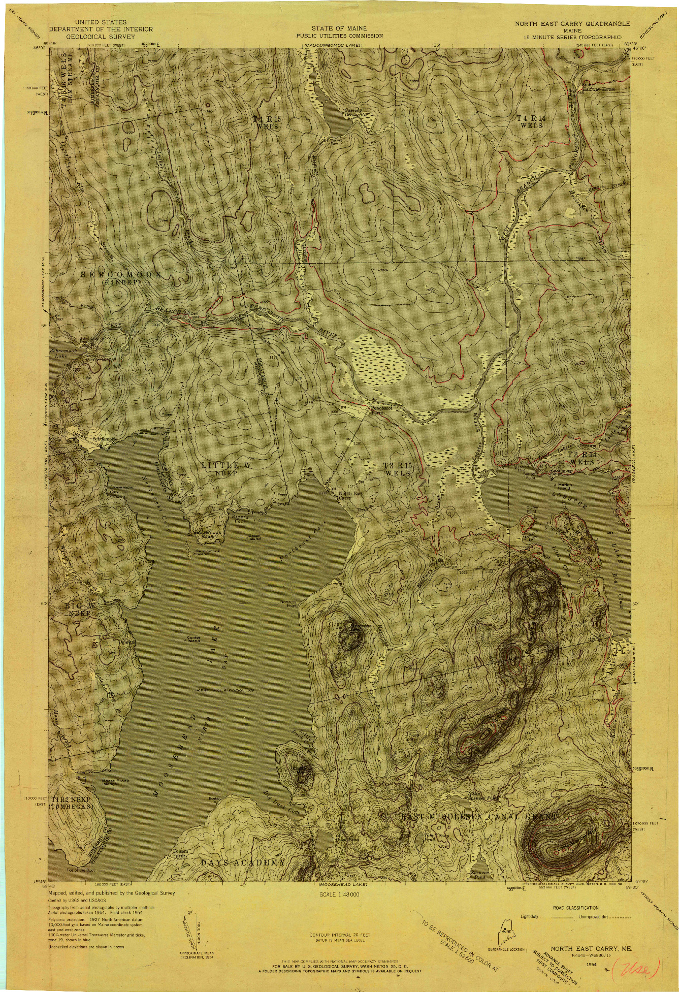 USGS 1:48000-SCALE QUADRANGLE FOR NORTH EAST CARRY, ME 1954