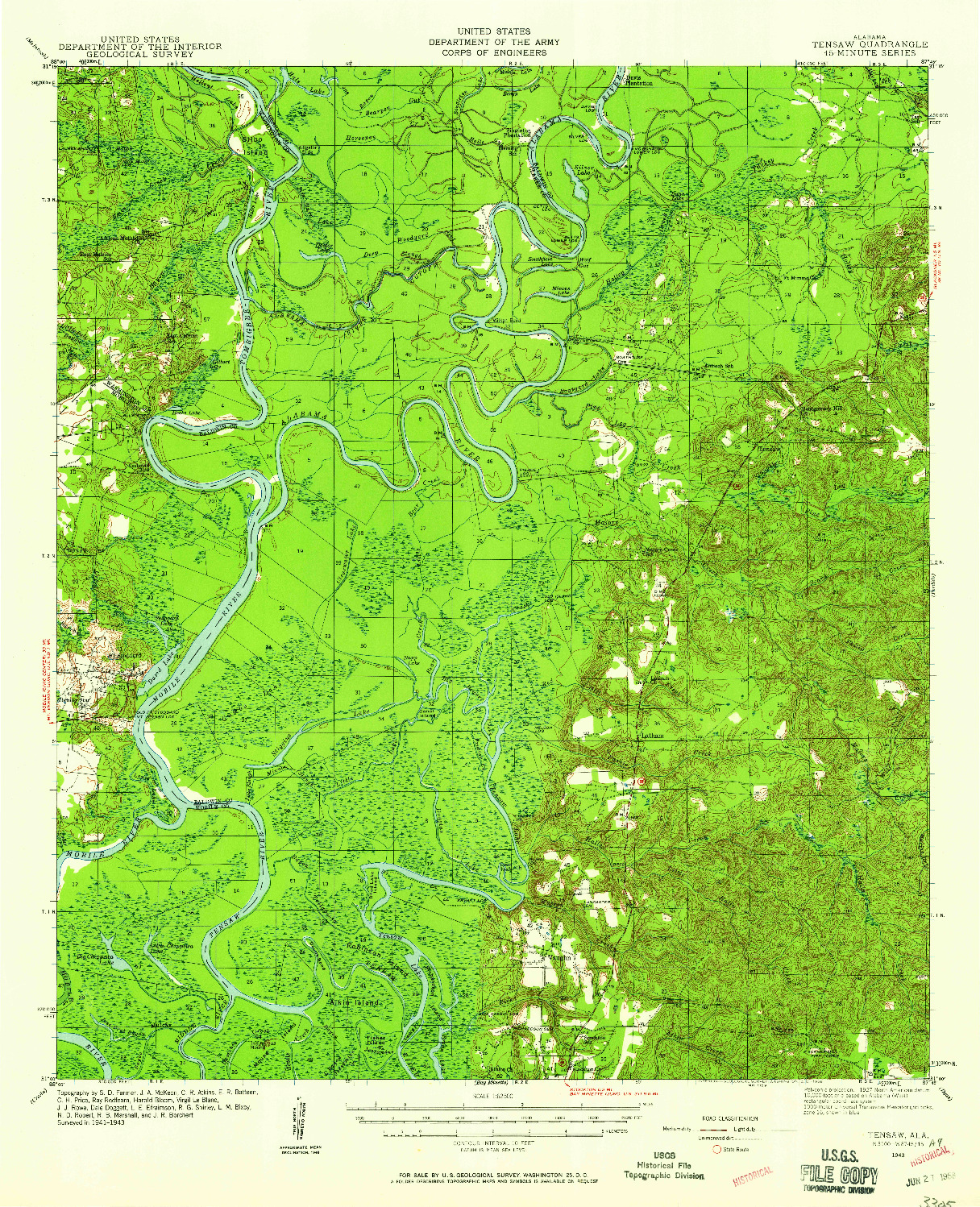 USGS 1:62500-SCALE QUADRANGLE FOR TENSAW, AL 1943