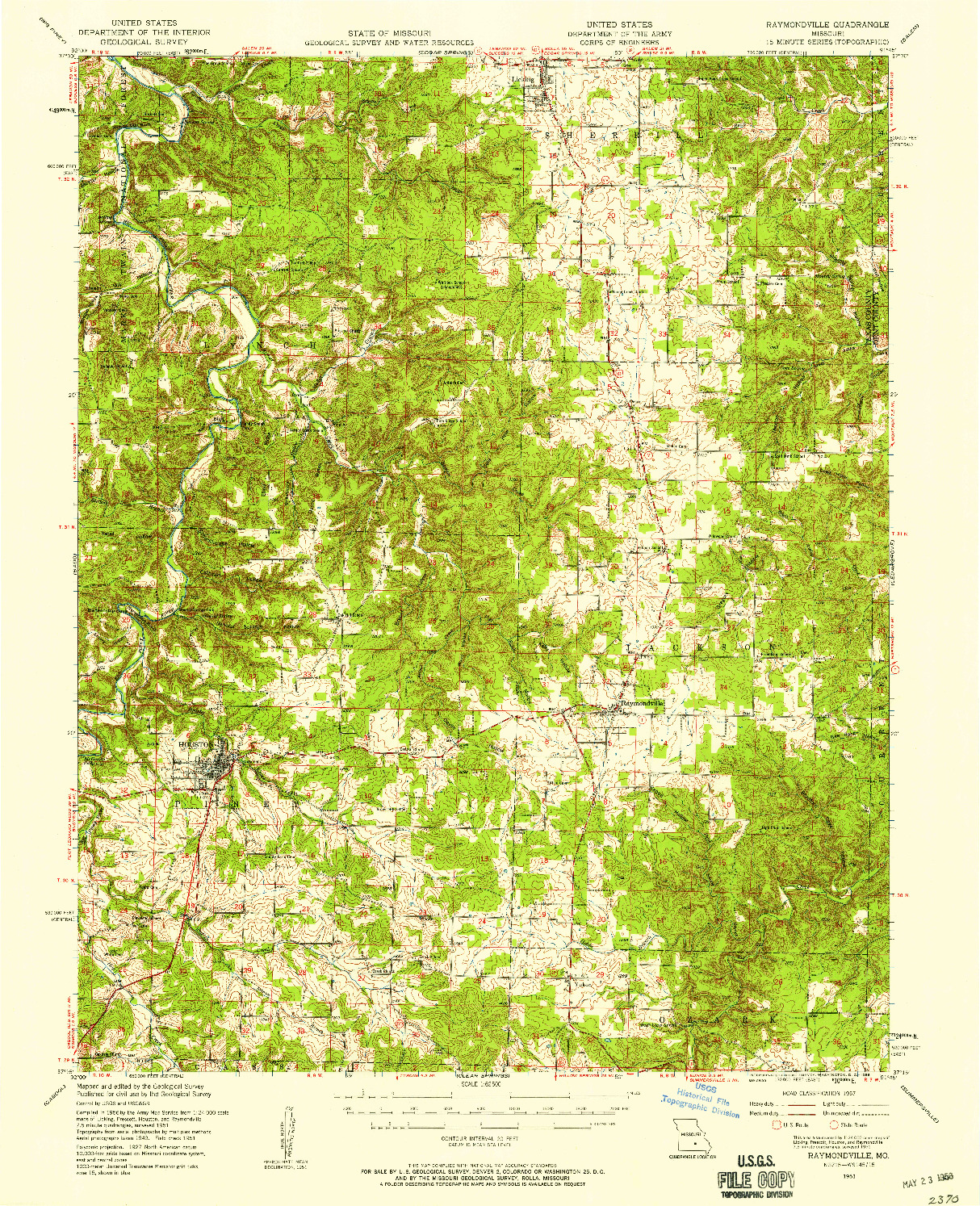 USGS 1:62500-SCALE QUADRANGLE FOR RAYMONDVILLE, MO 1951