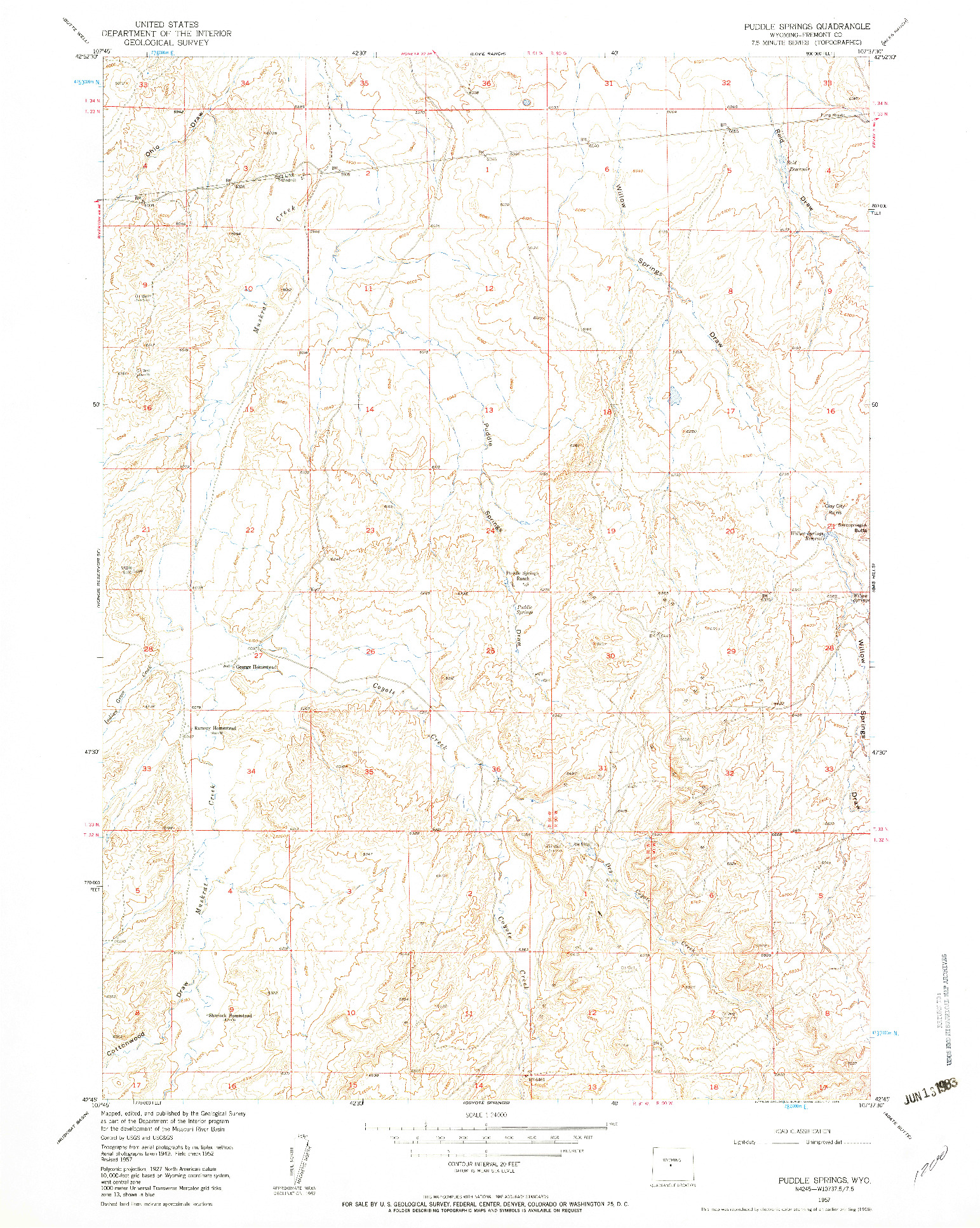 USGS 1:24000-SCALE QUADRANGLE FOR PUDDLE SPRINGS, WY 1957