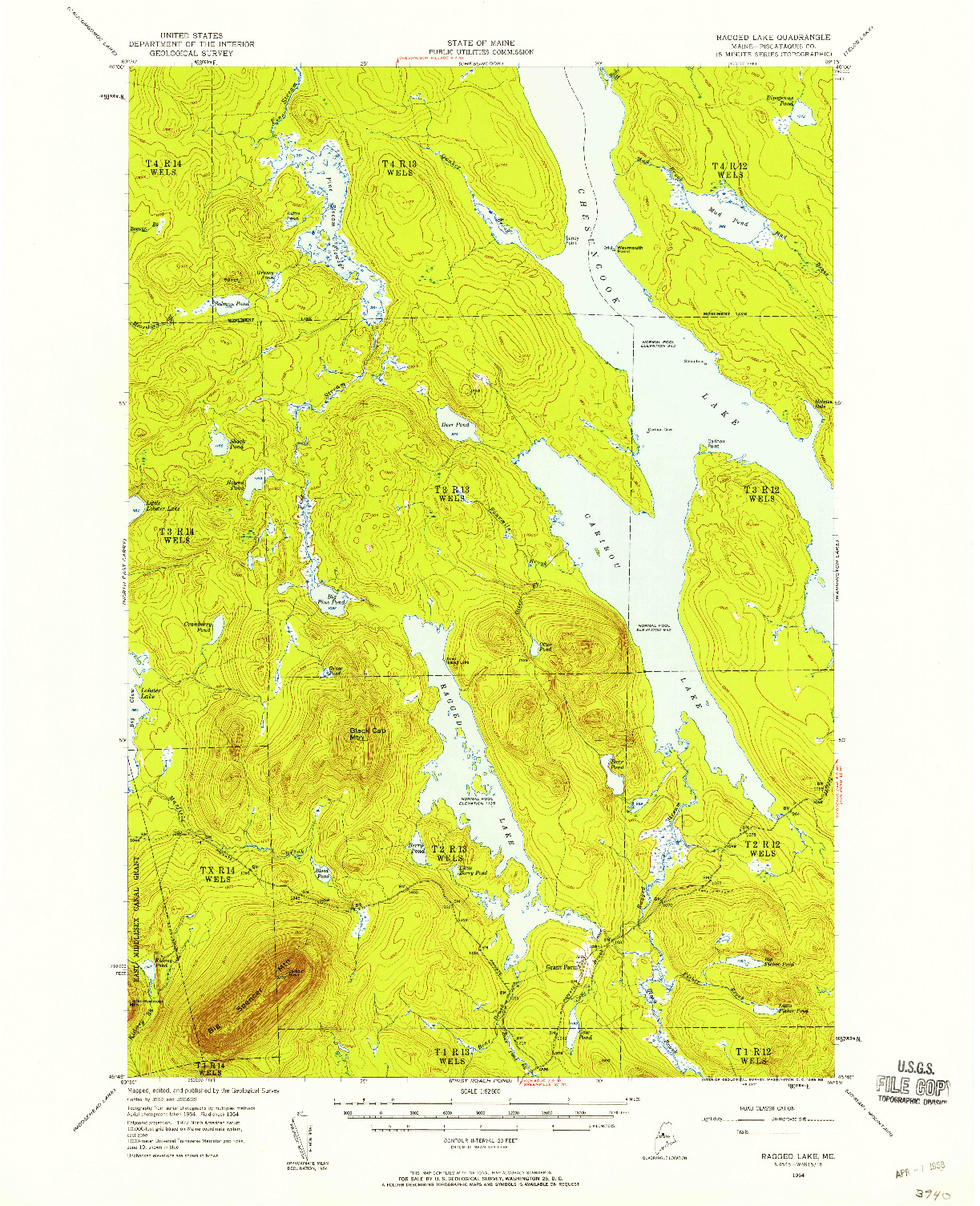 USGS 1:62500-SCALE QUADRANGLE FOR RAGGED LAKE, ME 1954