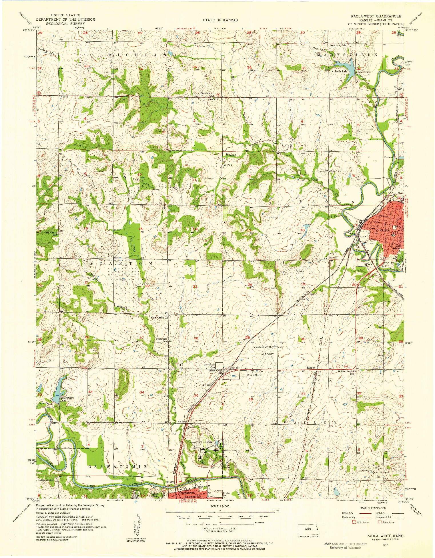 USGS 1:24000-SCALE QUADRANGLE FOR PAOLA WEST, KS 1957