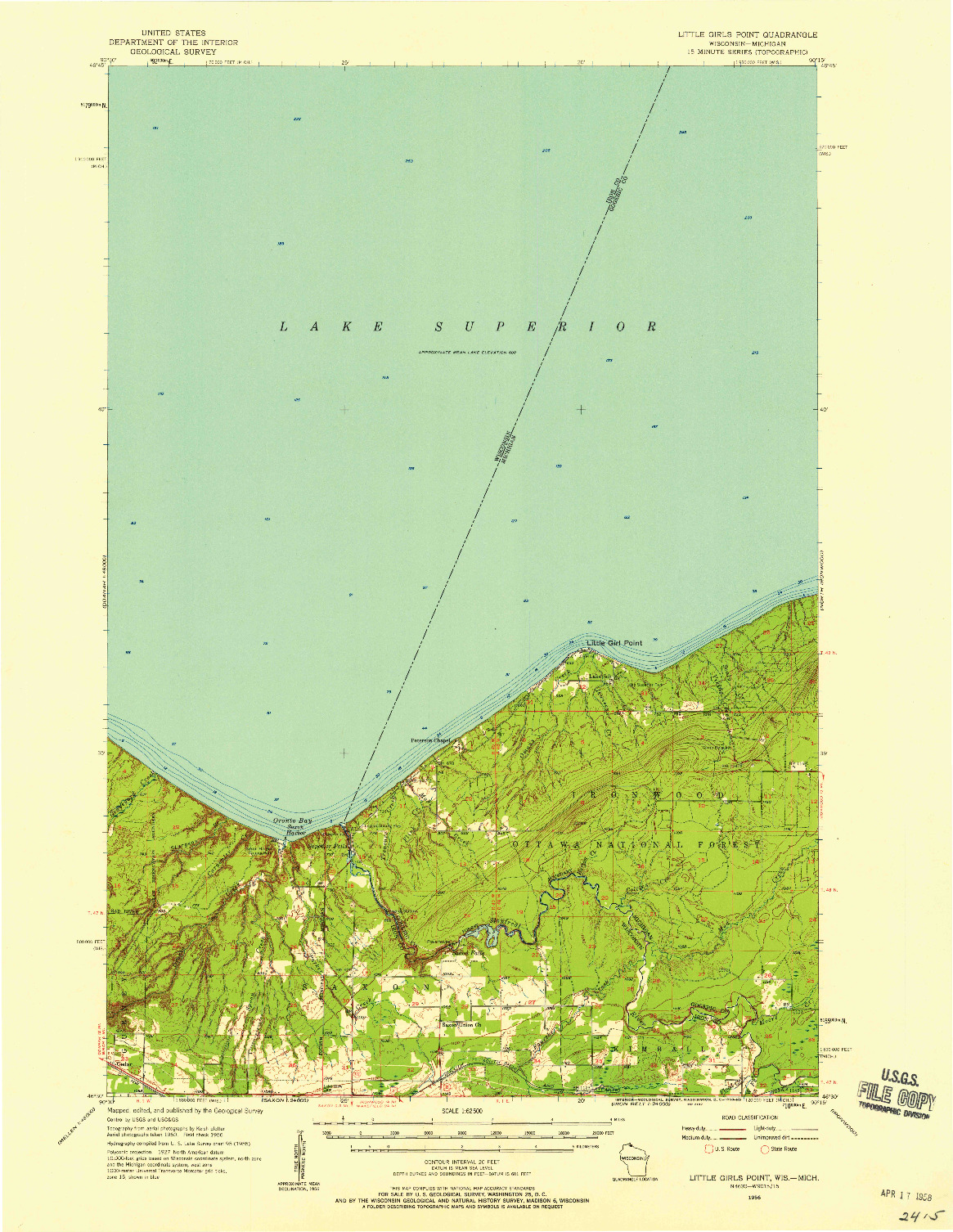 USGS 1:62500-SCALE QUADRANGLE FOR LITTLE GIRLS POINT, WI 1956