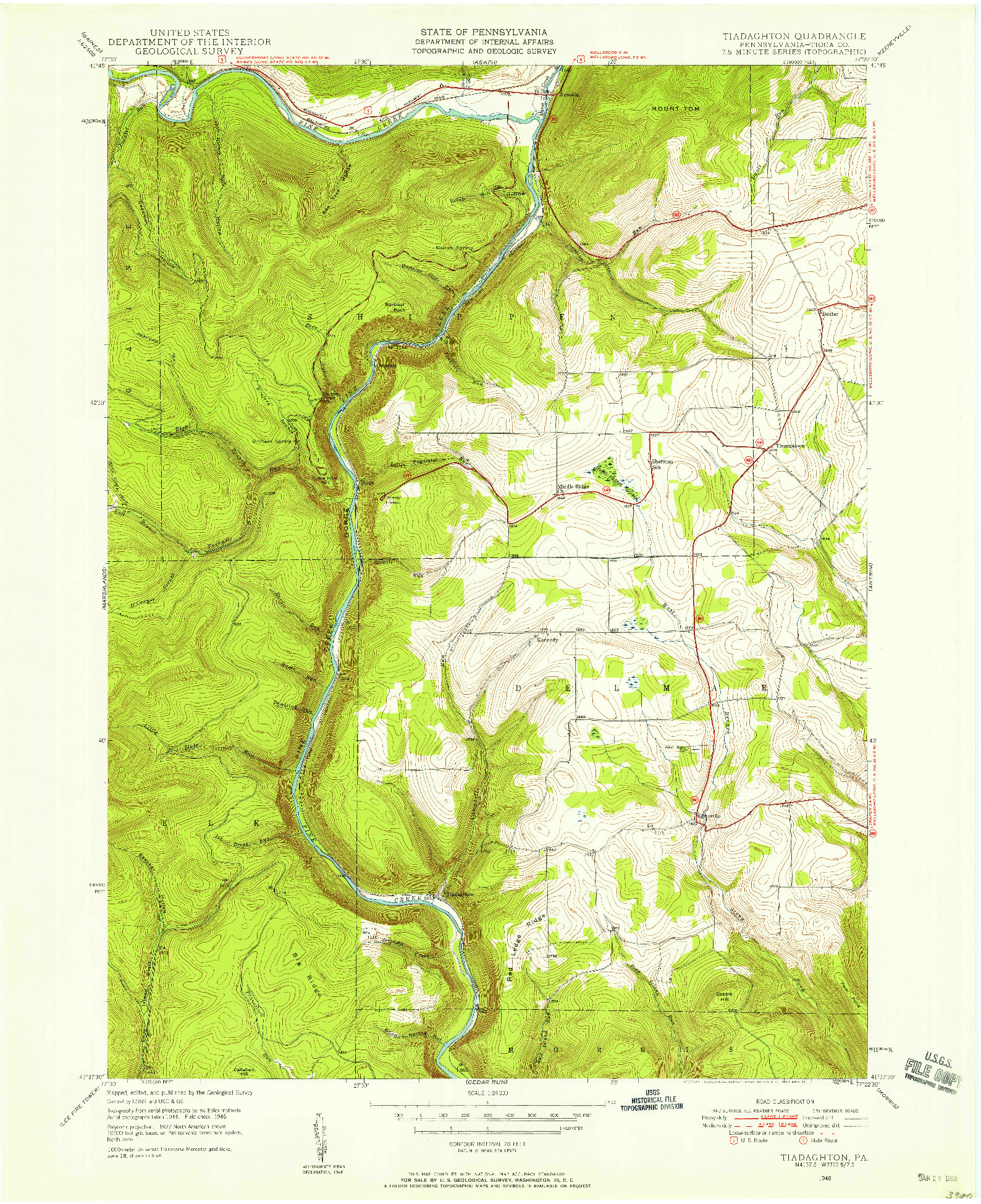 USGS 1:24000-SCALE QUADRANGLE FOR TIADAGHTON, PA 1946