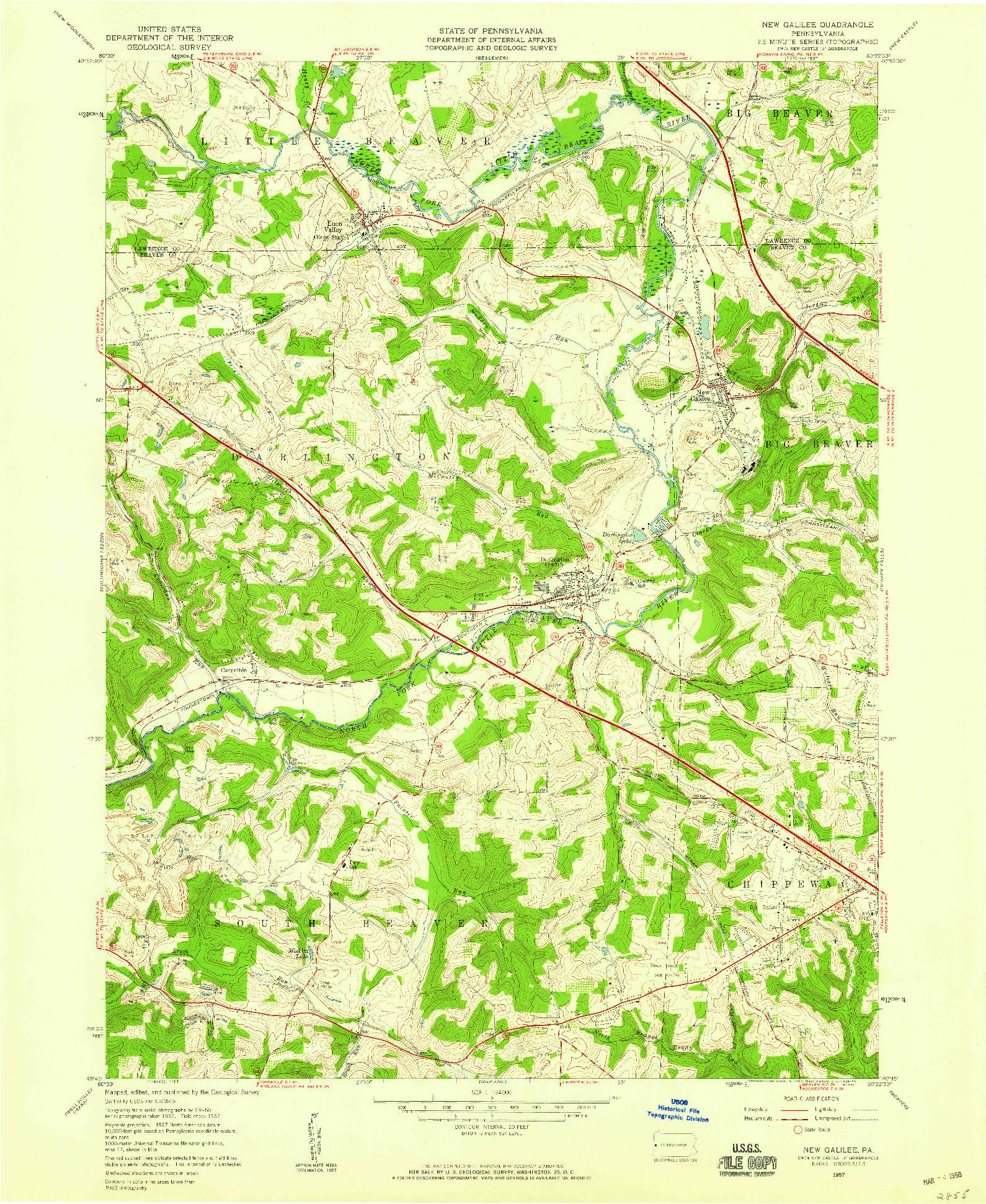 USGS 1:24000-SCALE QUADRANGLE FOR NEW GALILEE, PA 1957