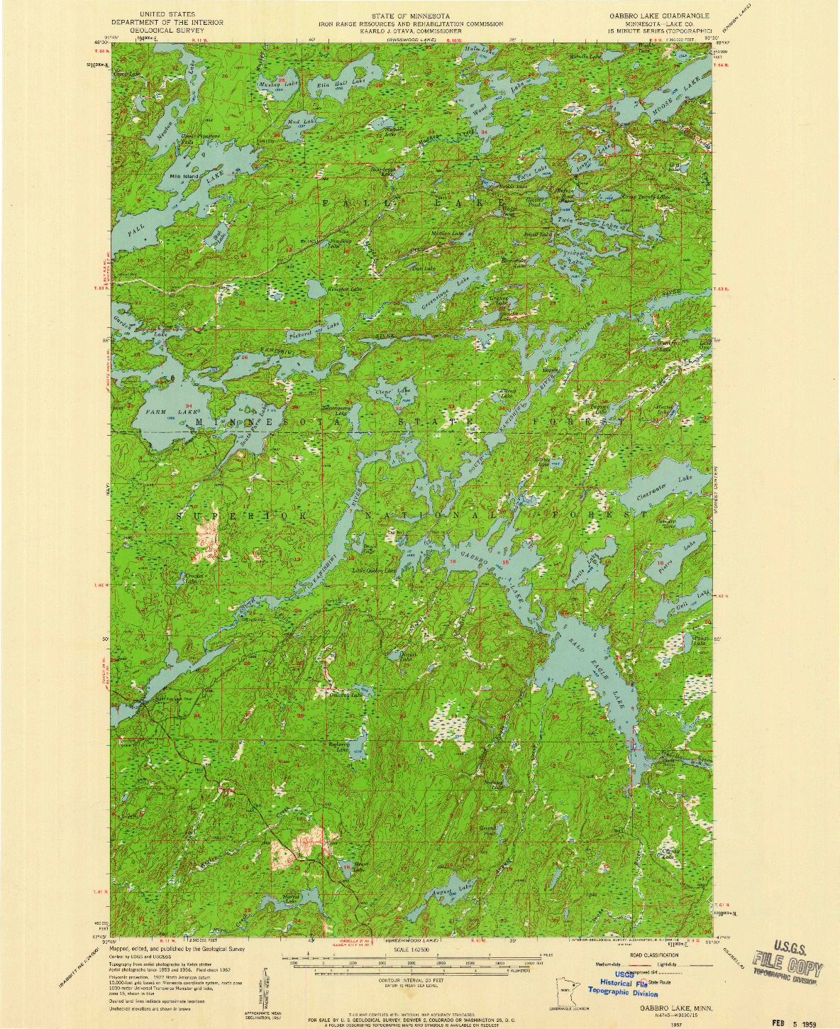 USGS 1:62500-SCALE QUADRANGLE FOR GABBRO LAKE, MN 1957