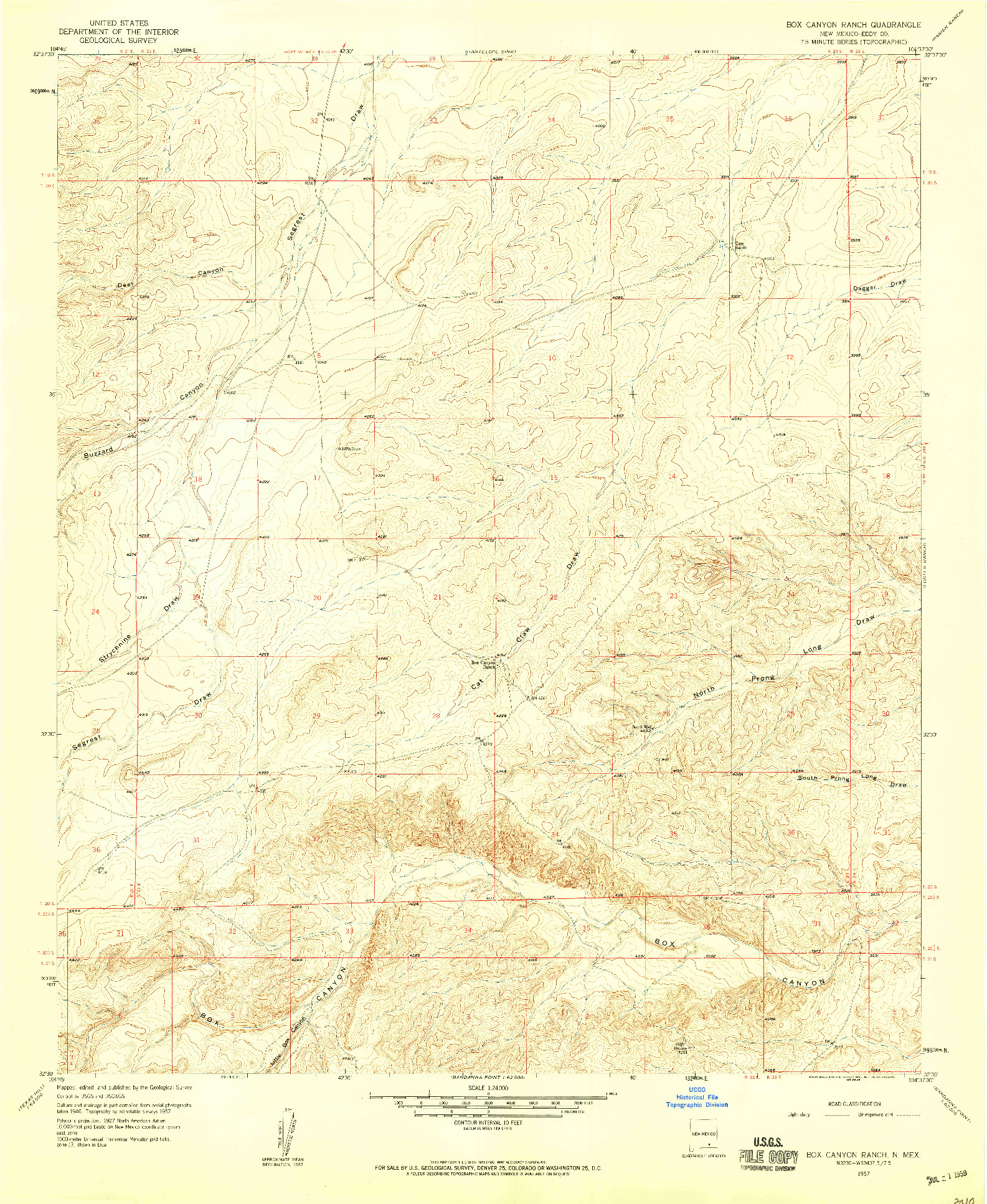 USGS 1:24000-SCALE QUADRANGLE FOR BOX CANYON RANCH, NM 1957