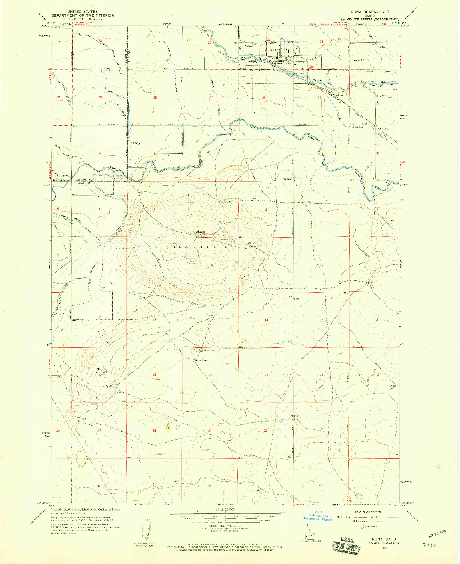 USGS 1:24000-SCALE QUADRANGLE FOR KUNA, ID 1958