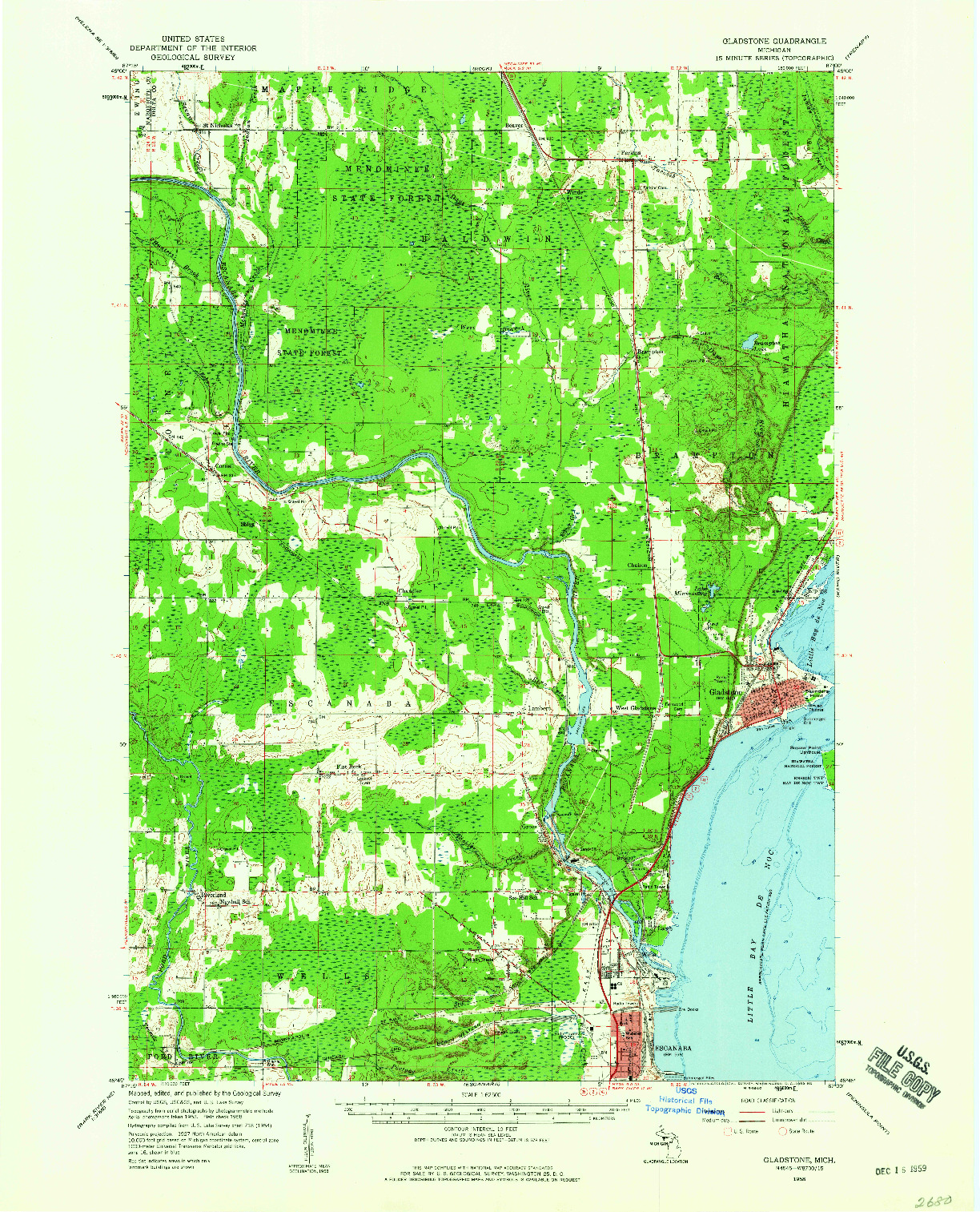 USGS 1:62500-SCALE QUADRANGLE FOR GLADSTONE, MI 1958