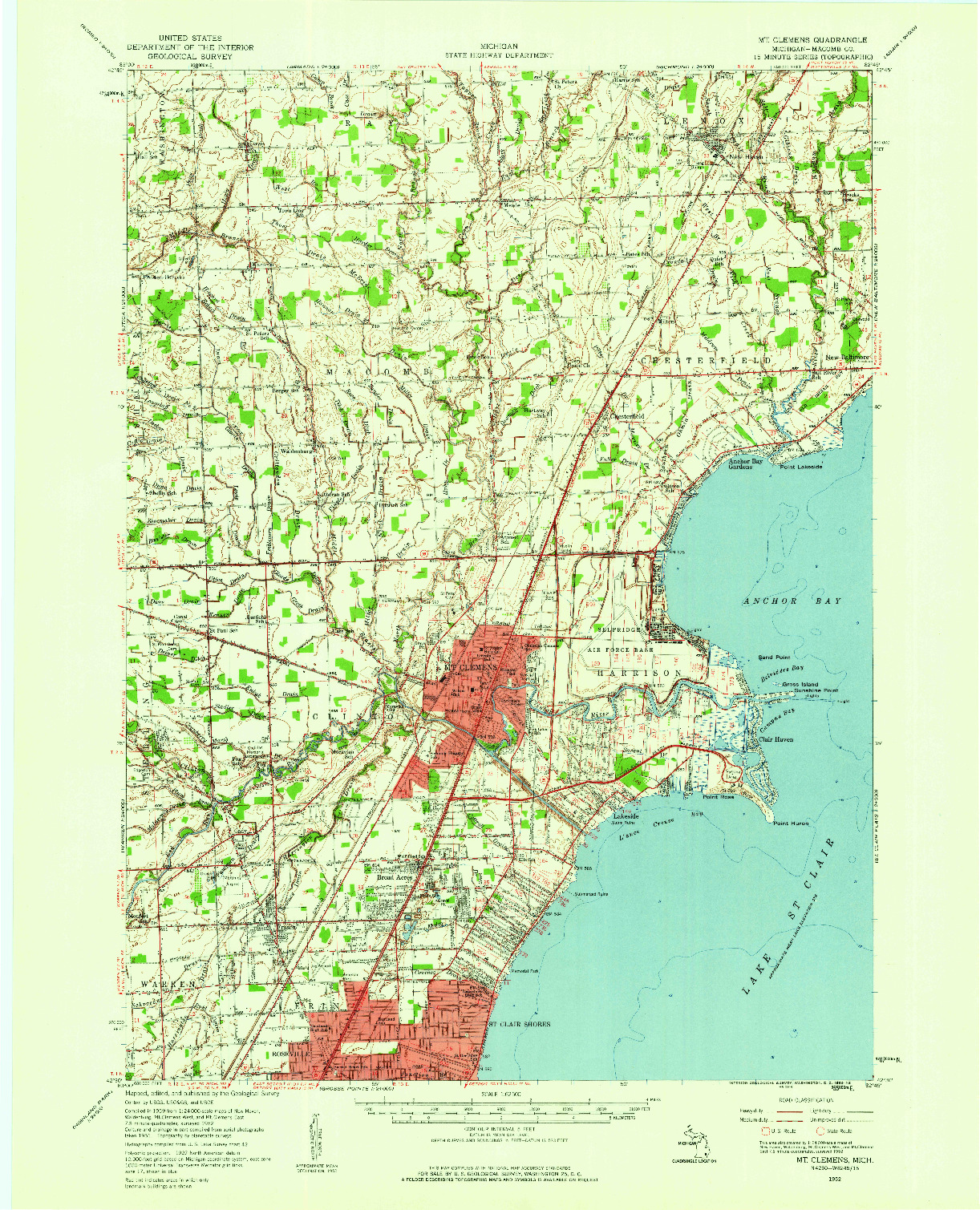 USGS 1:62500-SCALE QUADRANGLE FOR MT CLEMENS, MI 1952