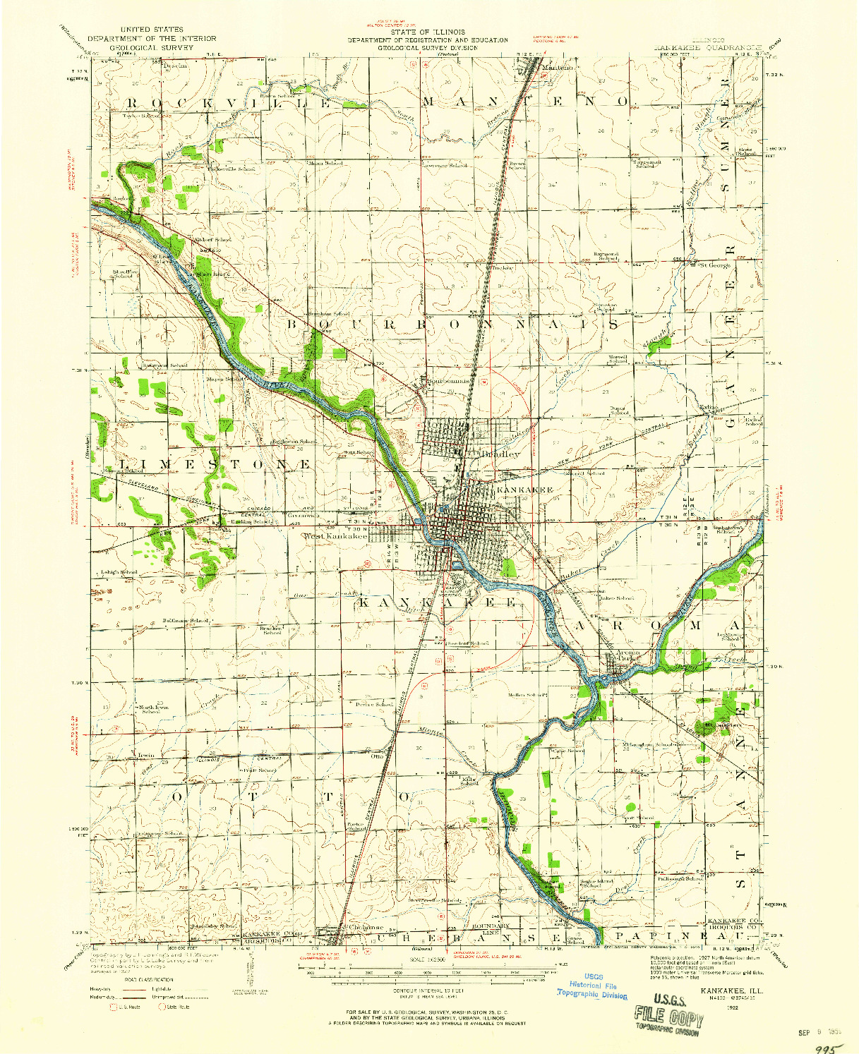 USGS 1:62500-SCALE QUADRANGLE FOR KANKAKEE, IL 1922