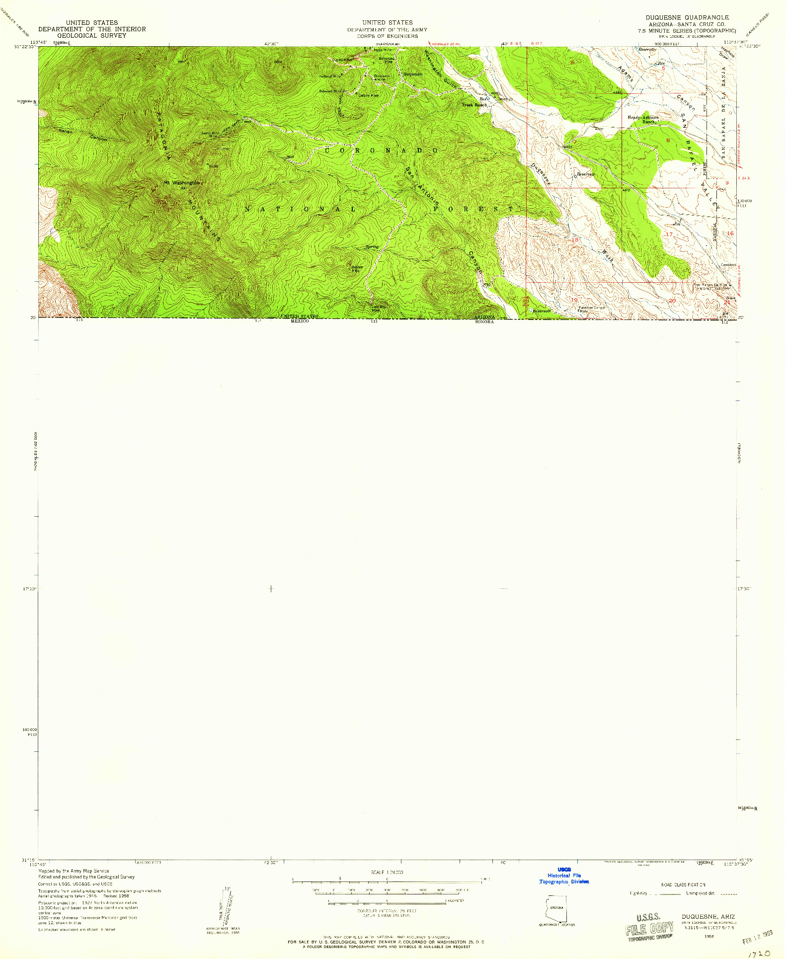 USGS 1:24000-SCALE QUADRANGLE FOR DUQUESNE, AZ 1958