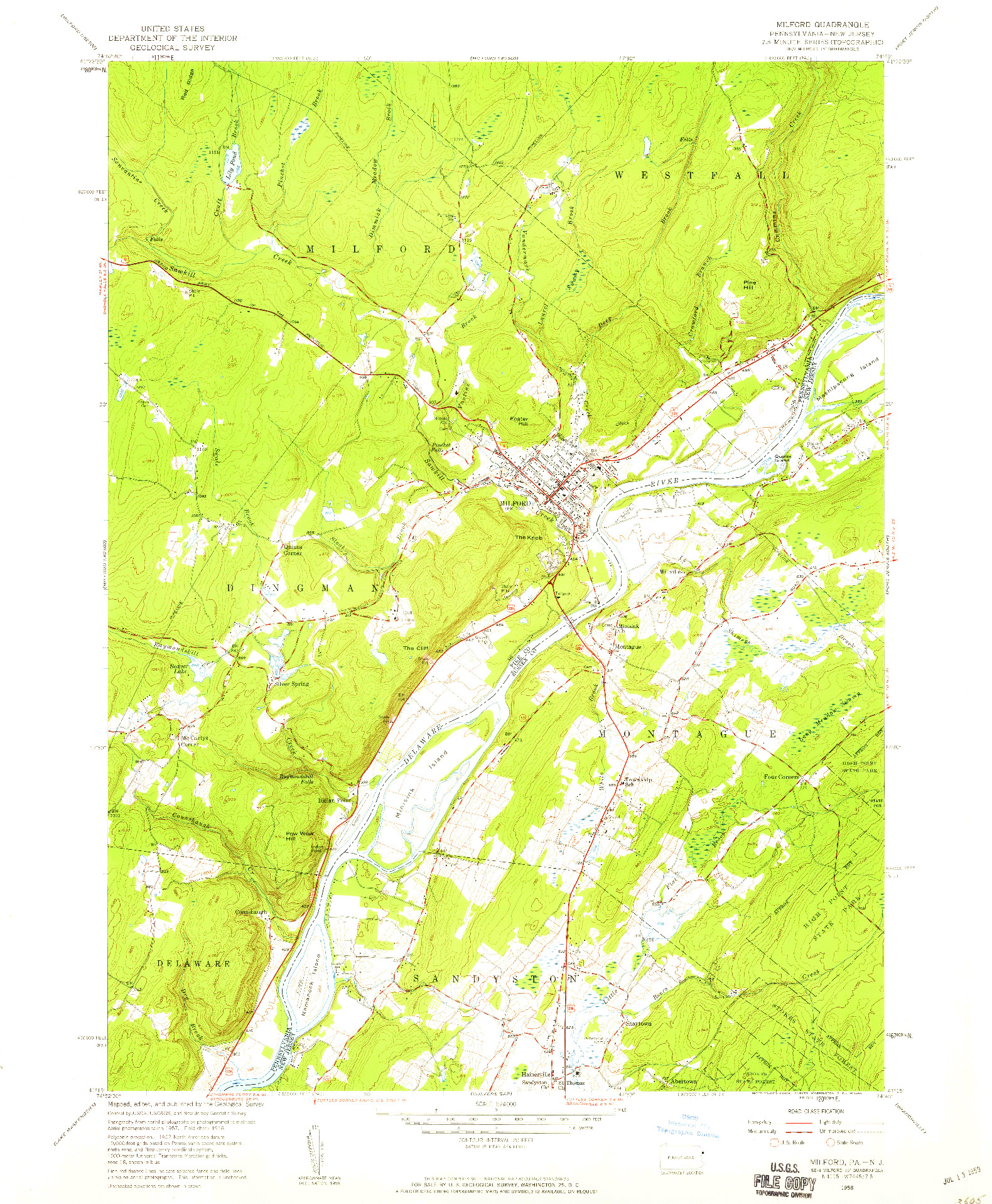 USGS 1:24000-SCALE QUADRANGLE FOR MILFORD, PA 1958