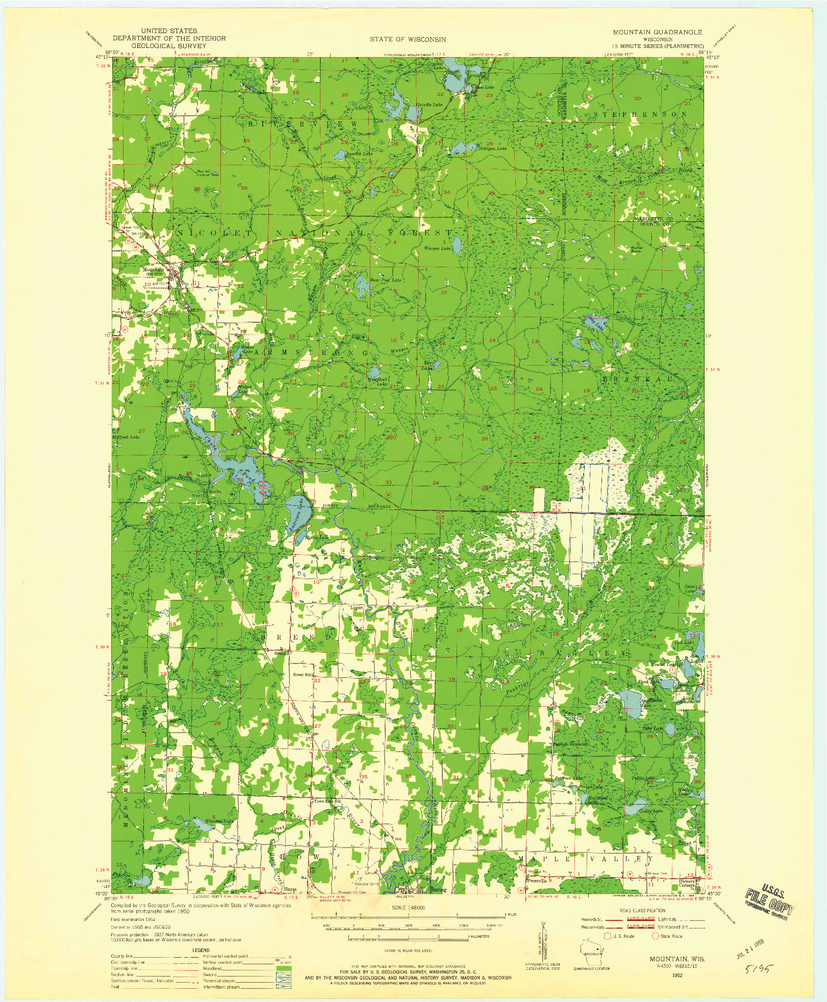 USGS 1:48000-SCALE QUADRANGLE FOR MOUNTAIN, WI 1952