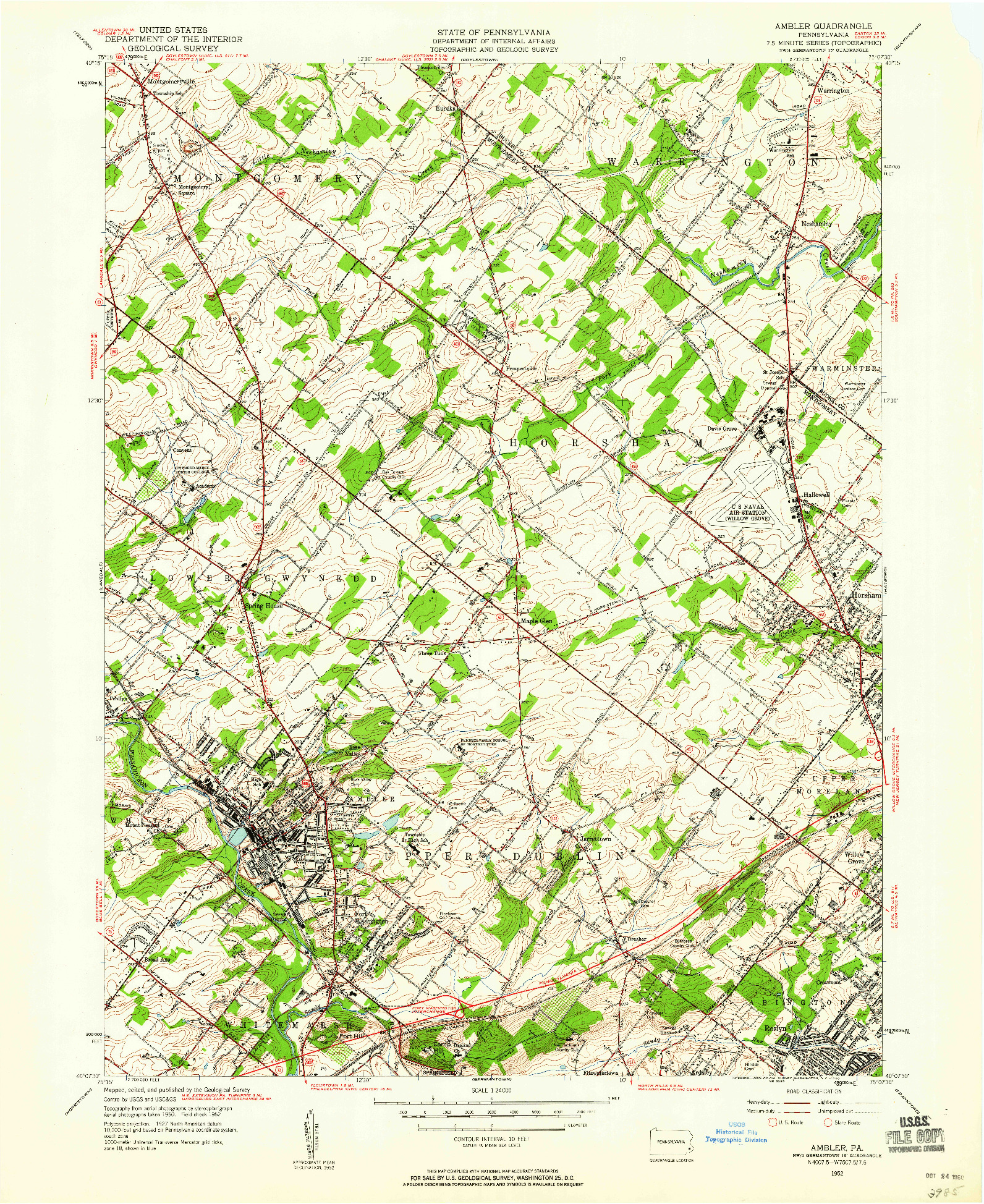 USGS 1:24000-SCALE QUADRANGLE FOR AMBLER, PA 1952