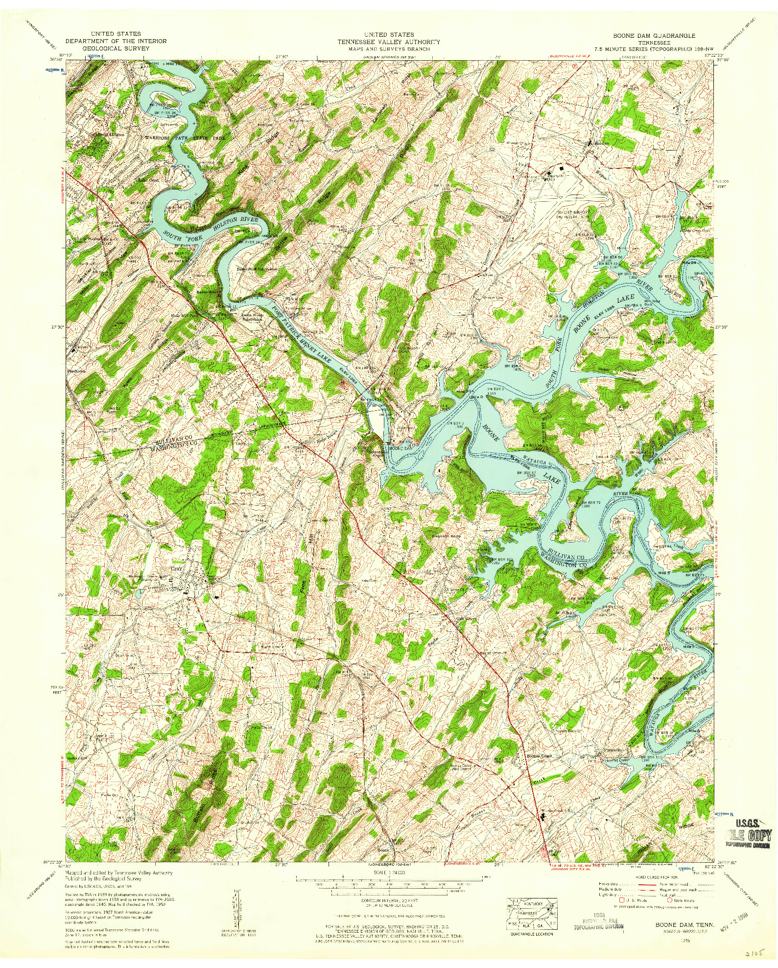 USGS 1:24000-SCALE QUADRANGLE FOR BOONE DAM, TN 1959