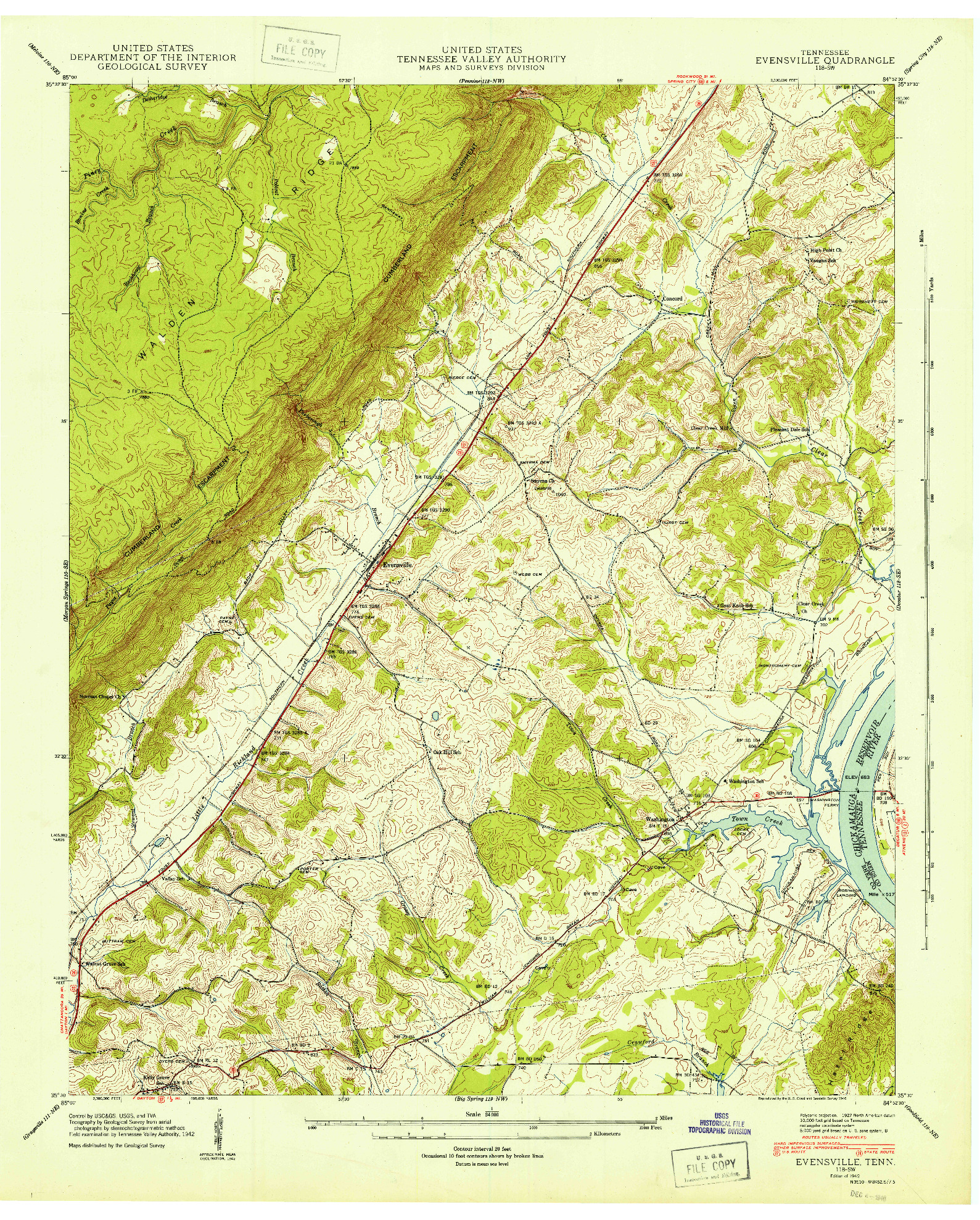 USGS 1:24000-SCALE QUADRANGLE FOR EVENSVILLE, TN 1942