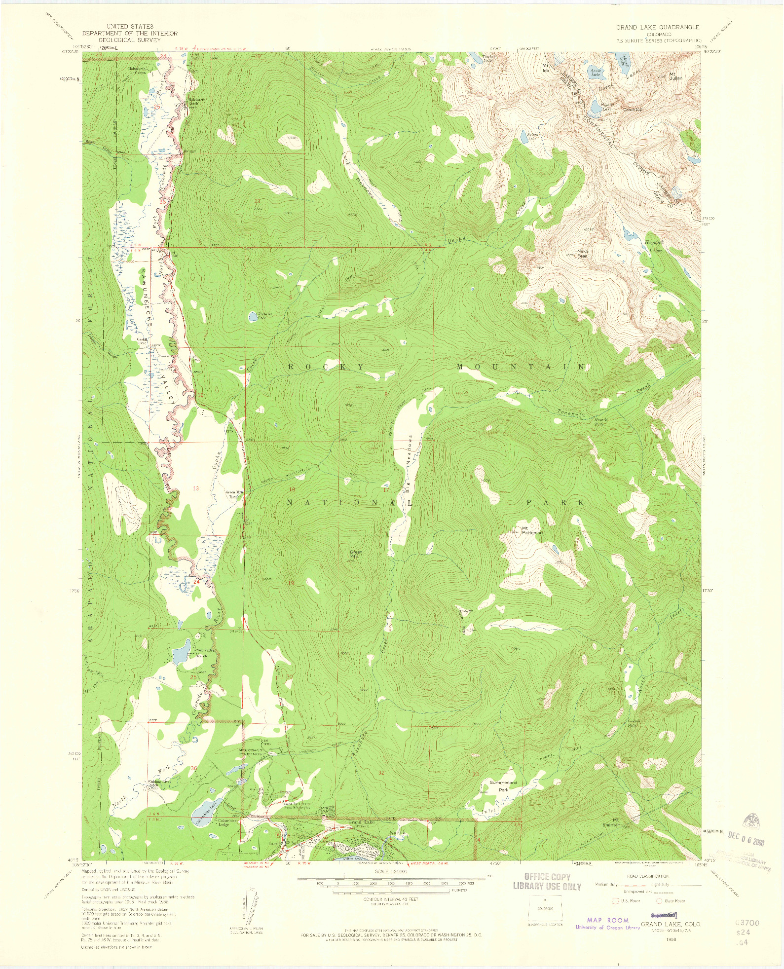 USGS 1:24000-SCALE QUADRANGLE FOR GRAND LAKE, CO 1958