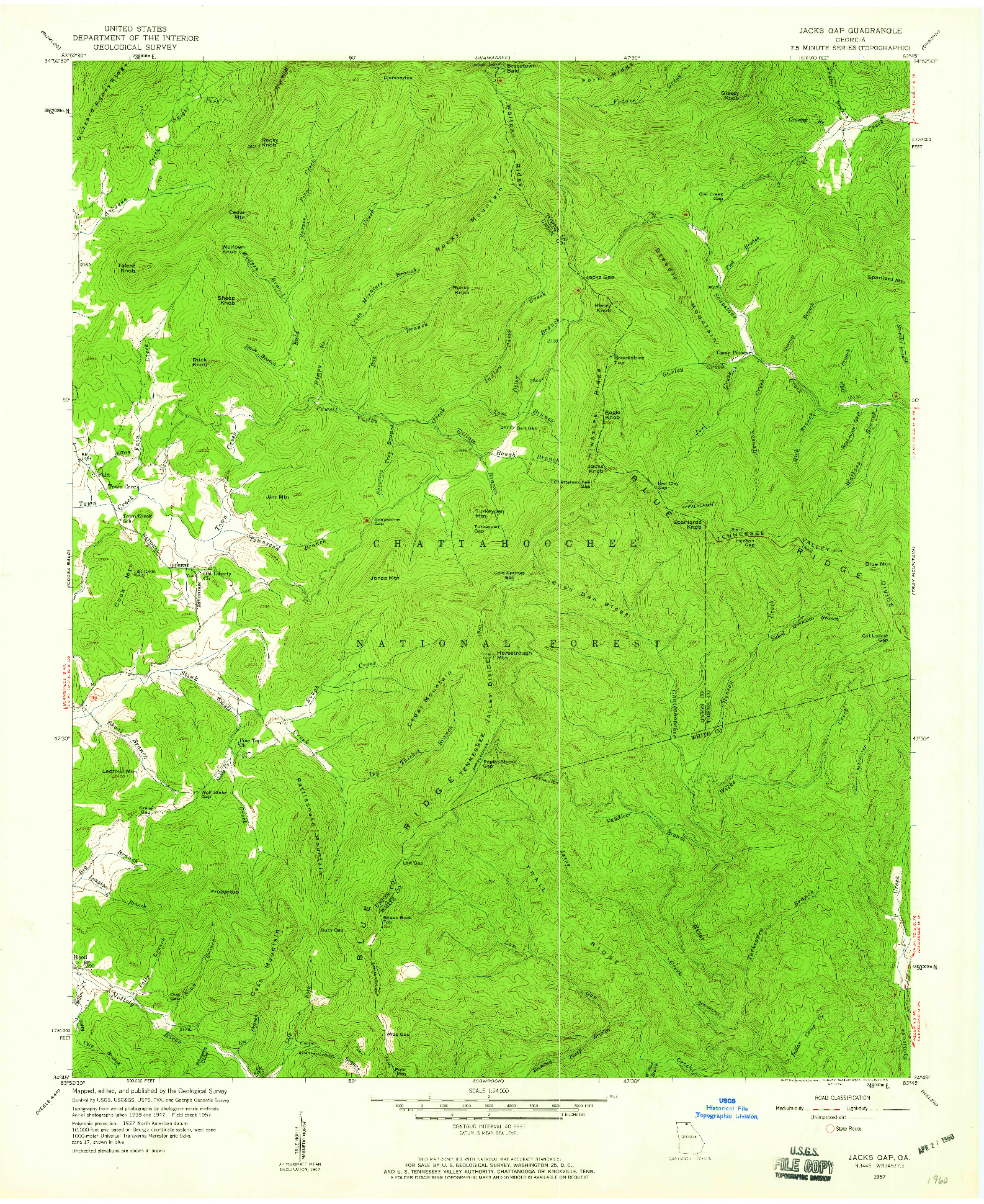 USGS 1:24000-SCALE QUADRANGLE FOR JACKS GAP, GA 1957