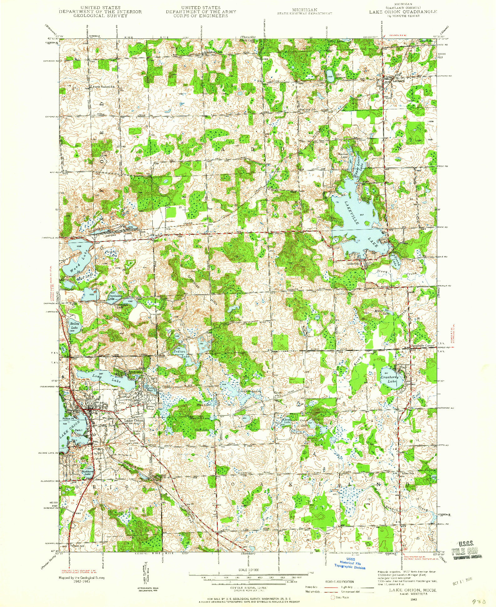 USGS 1:24000-SCALE QUADRANGLE FOR LAKE ORION, MI 1943