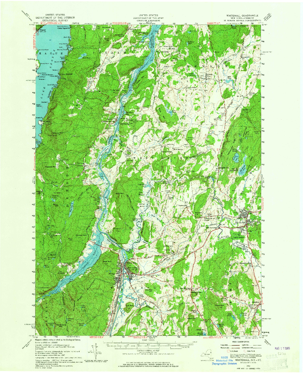 USGS 1:62500-SCALE QUADRANGLE FOR WHITEHALL, NY 1950