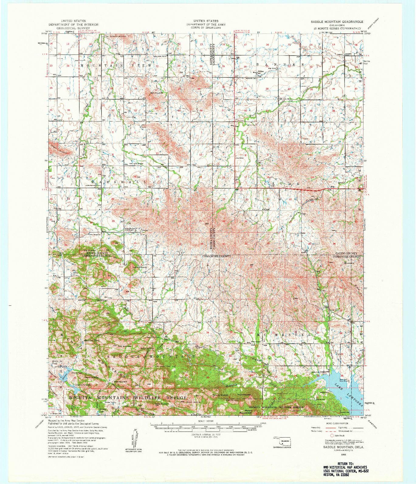 USGS 1:62500-SCALE QUADRANGLE FOR SADDLE MOUNTAIN, OK 1956