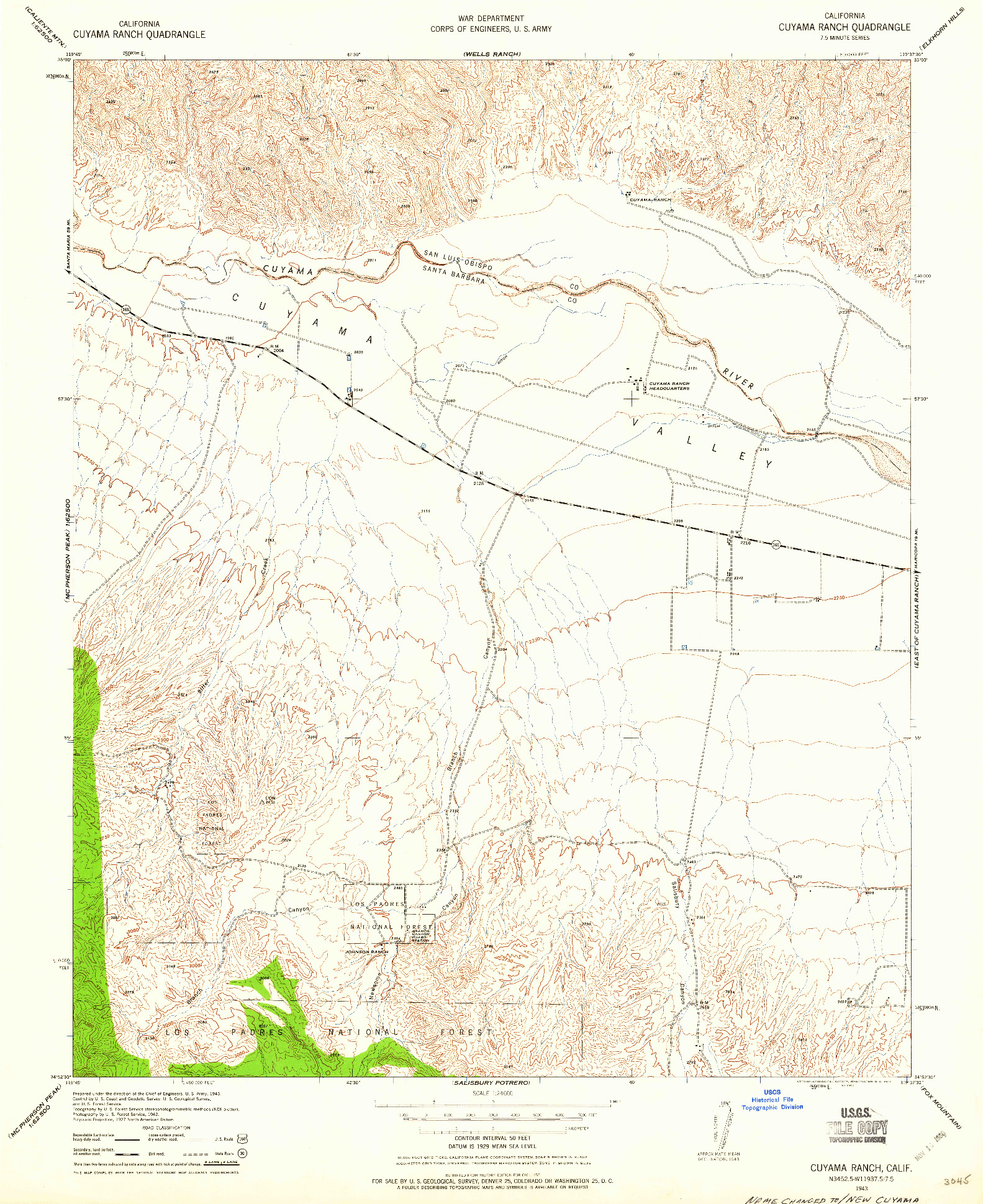 USGS 1:24000-SCALE QUADRANGLE FOR CUYAMA RANCH, CA 1943