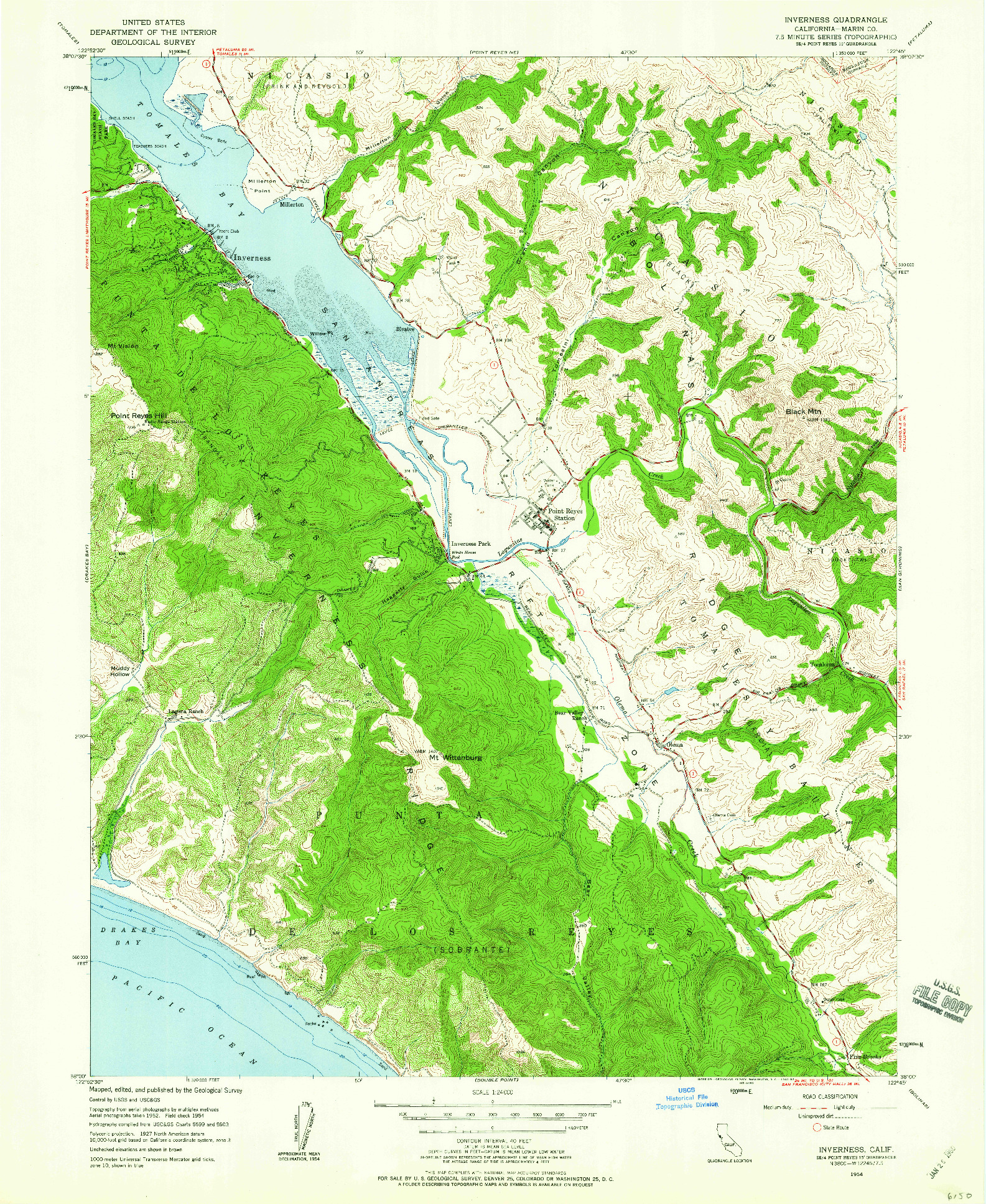 USGS 1:24000-SCALE QUADRANGLE FOR INVERNESS, CA 1954