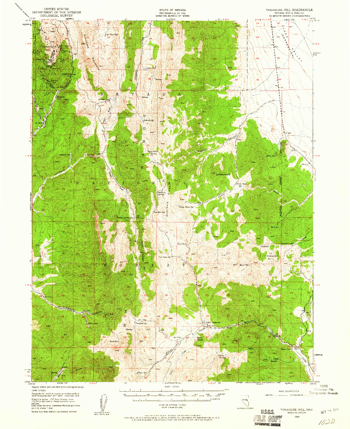 USGS 1:62500-SCALE QUADRANGLE FOR TREASURE HILL, NV 1949