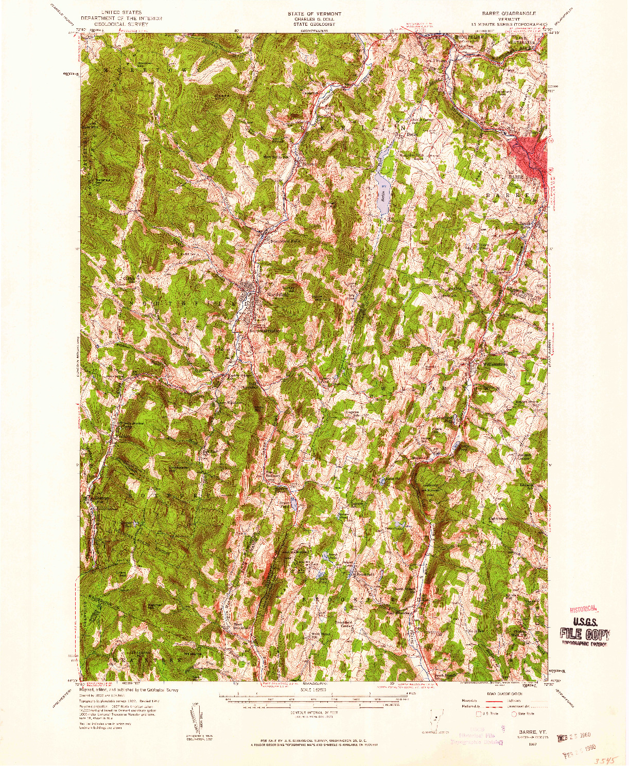 USGS 1:62500-SCALE QUADRANGLE FOR BARRE, VT 1957