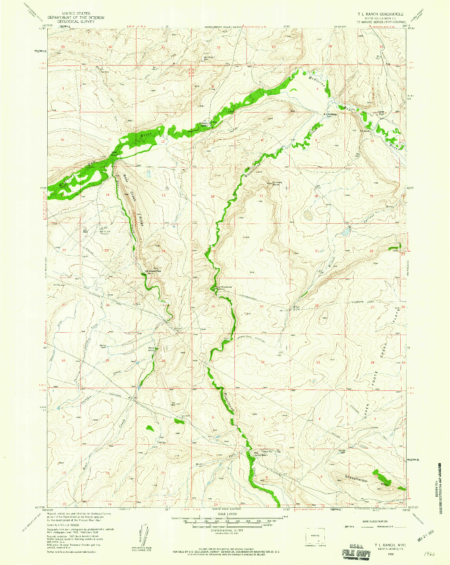 USGS 1:24000-SCALE QUADRANGLE FOR T L RANCH, WY 1958