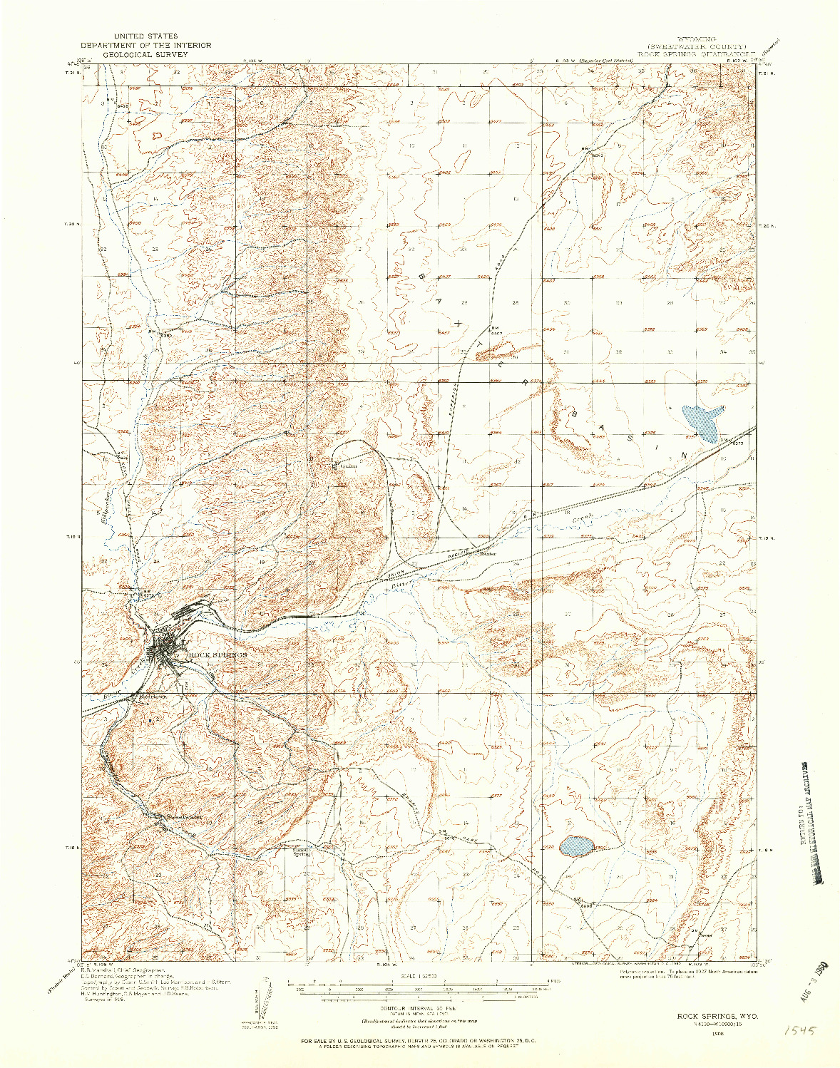 USGS 1:62500-SCALE QUADRANGLE FOR ROCK SPRINGS, WY 1908