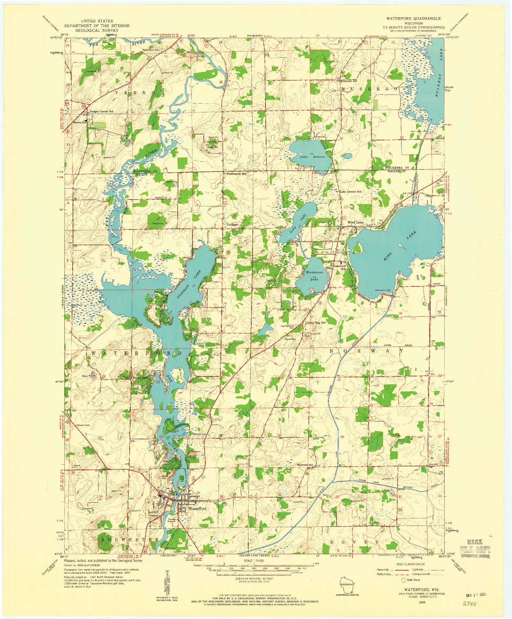 USGS 1:24000-SCALE QUADRANGLE FOR WATERFORD, WI 1959