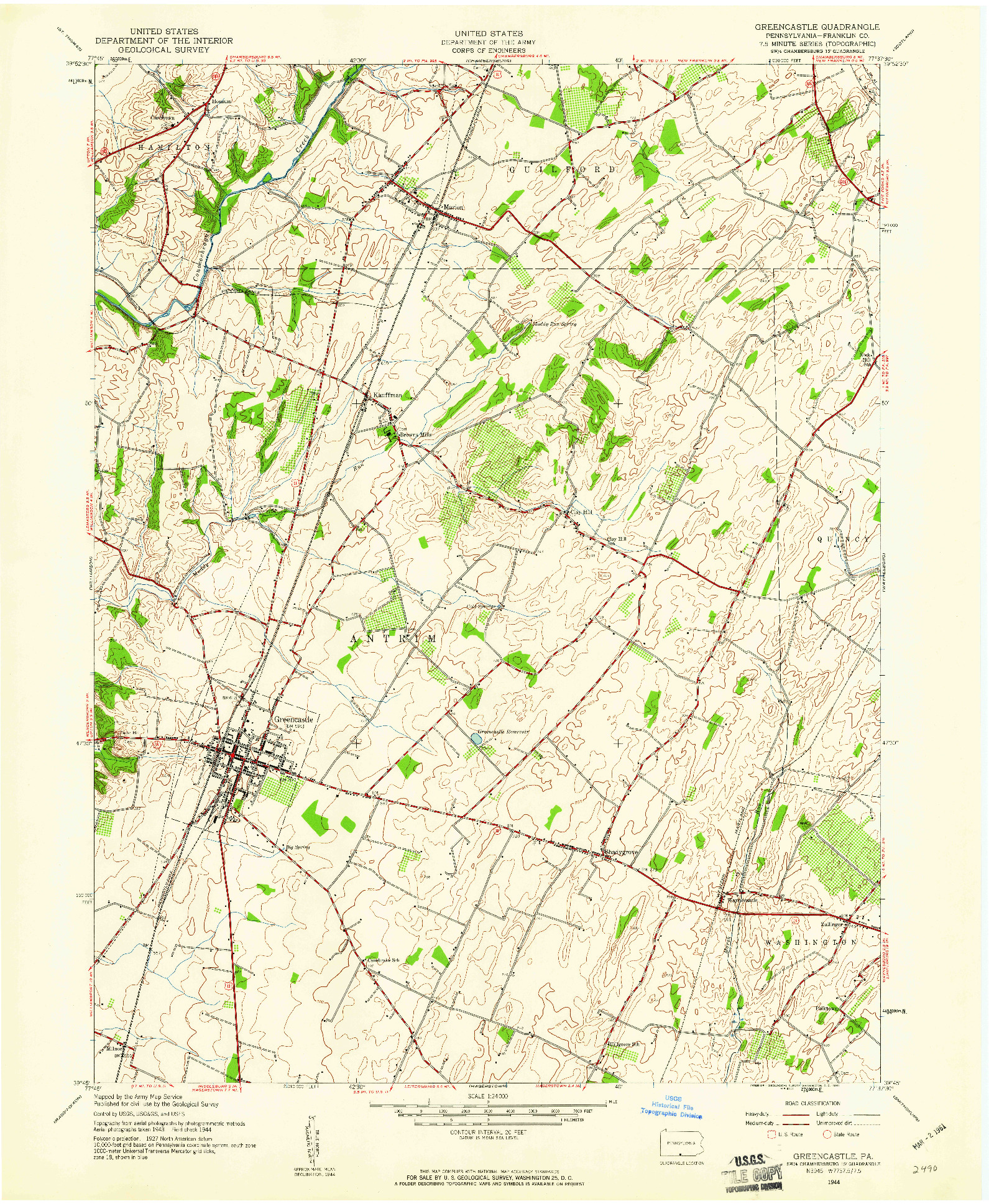 USGS 1:24000-SCALE QUADRANGLE FOR GREENCASTLE, PA 1944