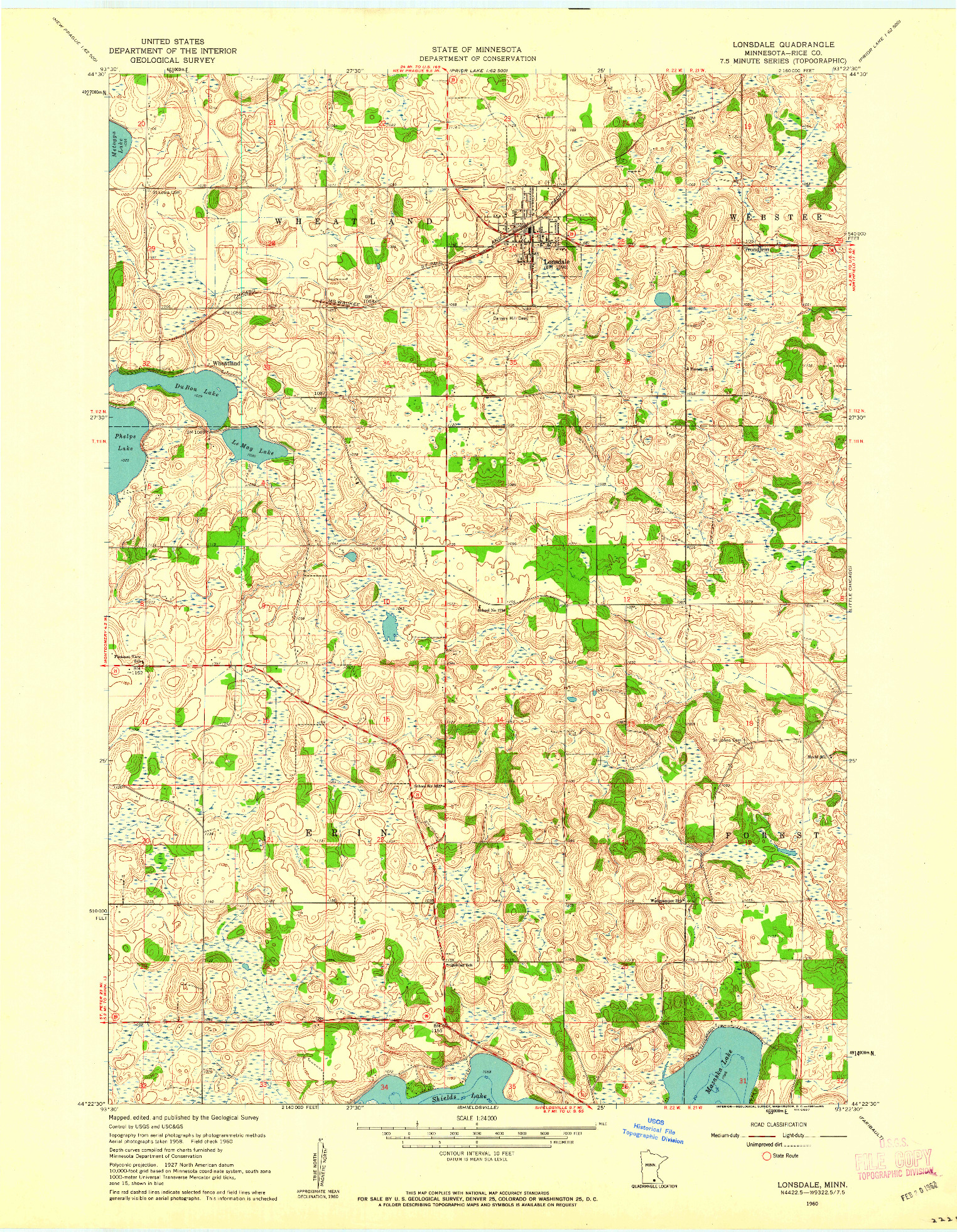 USGS 1:24000-SCALE QUADRANGLE FOR LONSDALE, MN 1960