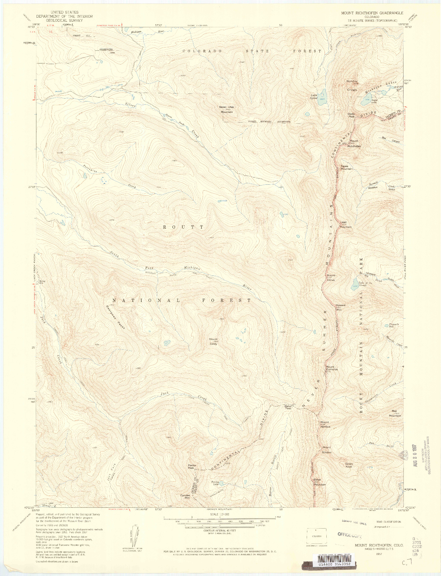 USGS 1:24000-SCALE QUADRANGLE FOR MOUNT RICHTHOFEN, CO 1957